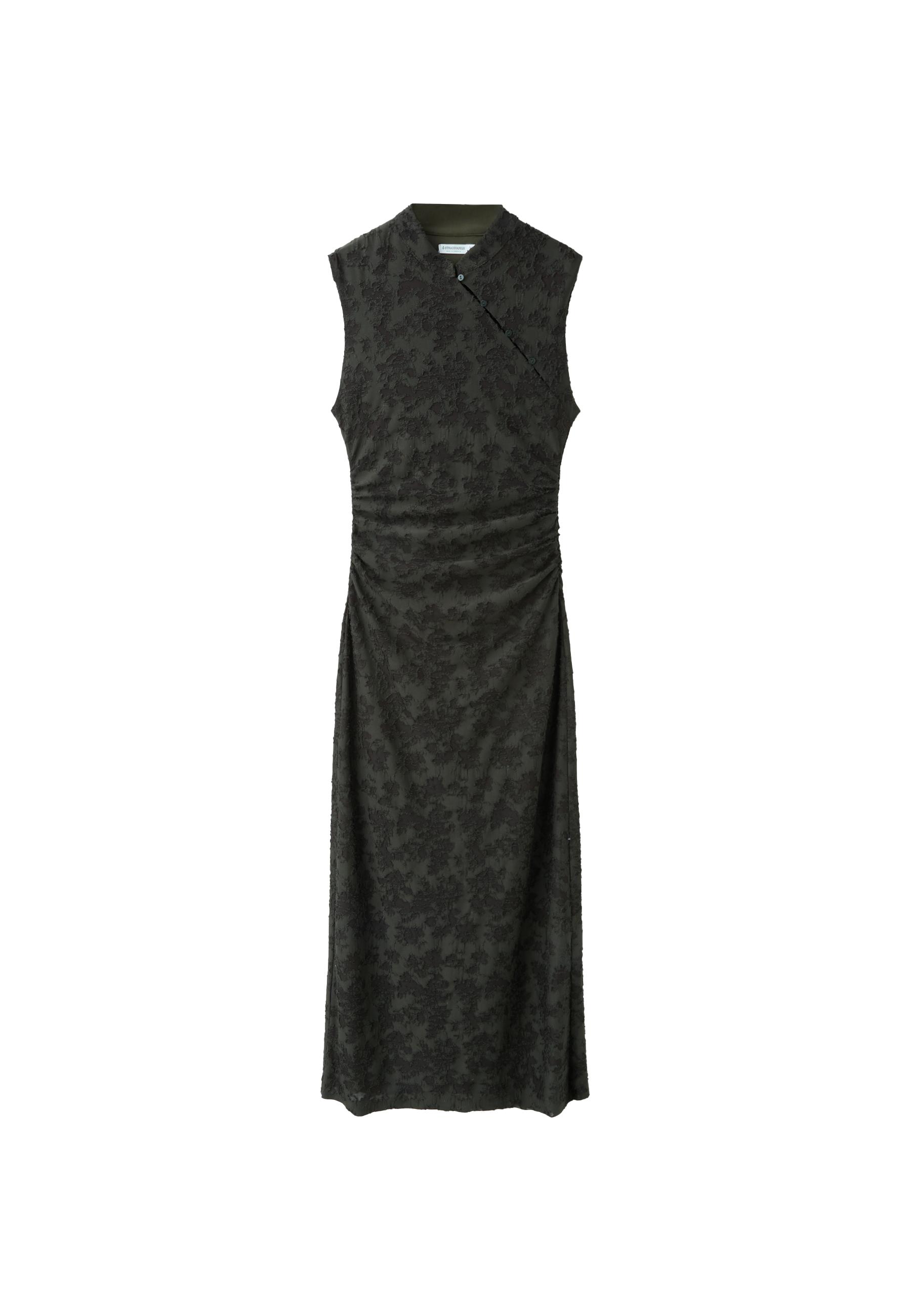Sleeveless midi dress with stand collar — Khaki