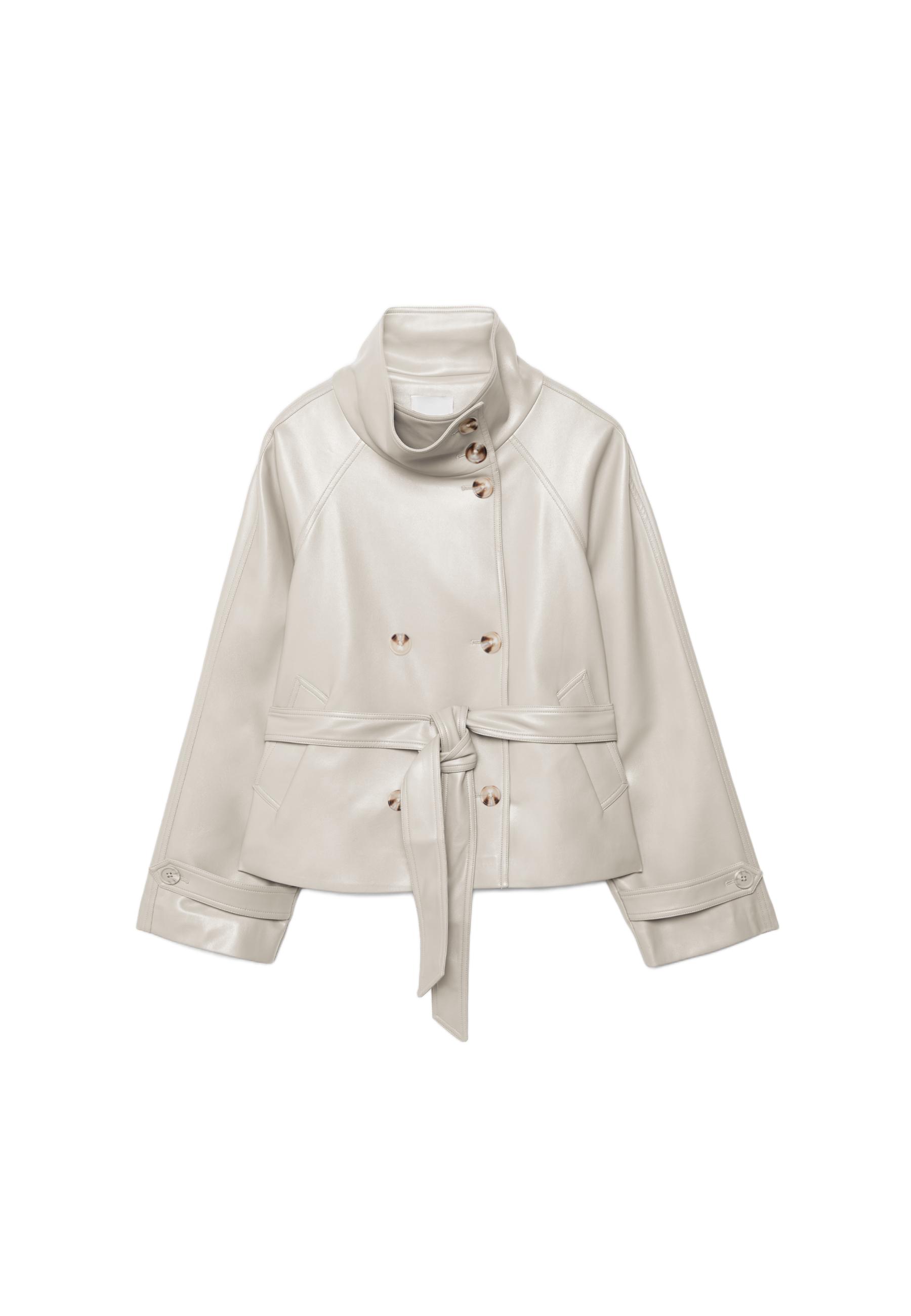 High neck leather effect trench coat — Ecru