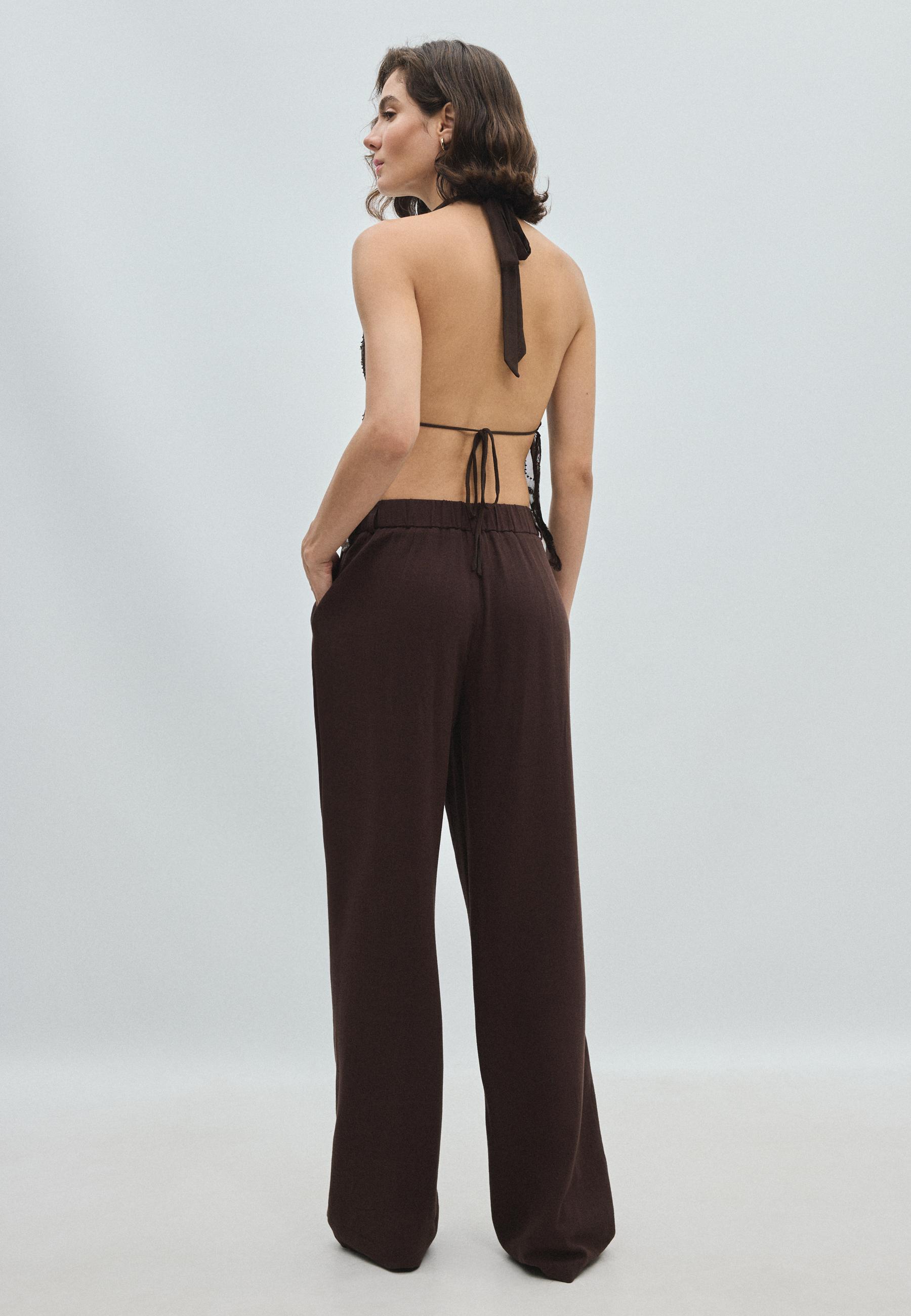 Straight-leg linen-effect trousers — Brown