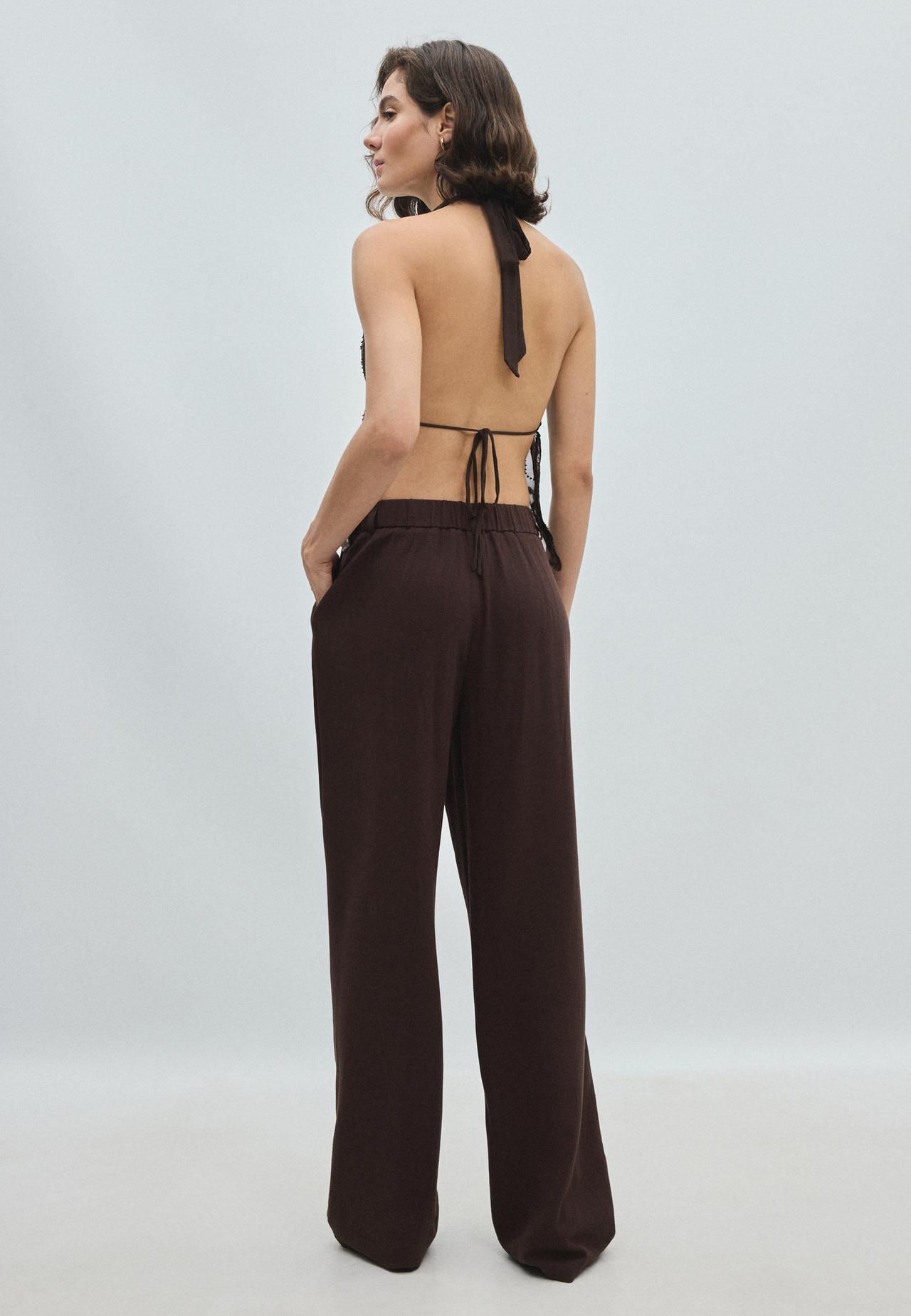 Straight-leg linen-effect trousers — Brown