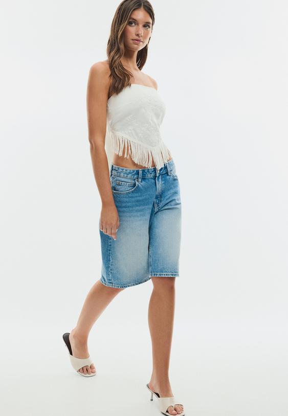 Stradivarius Top Bustier Cu Franjuri Brodați Alb M