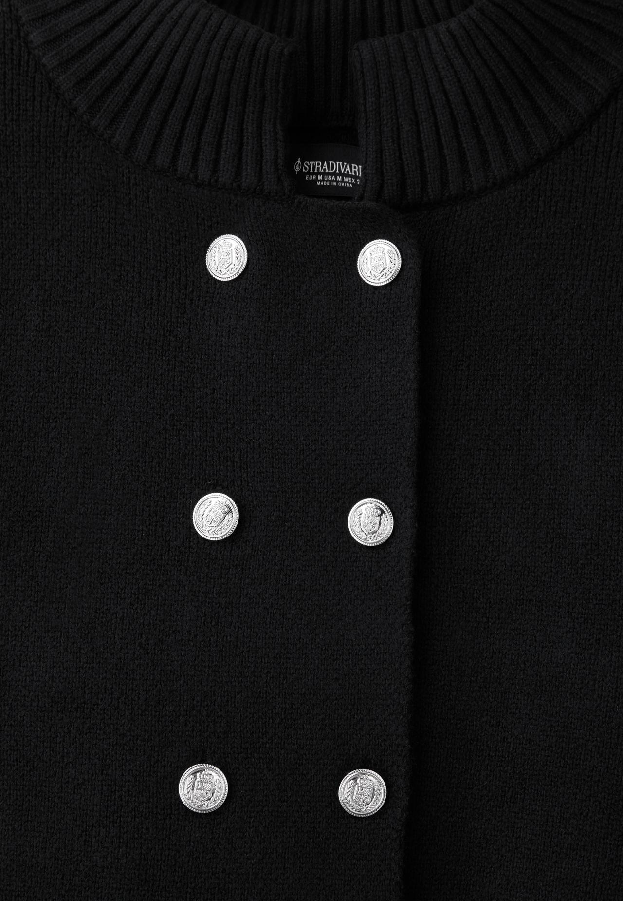 Double-breasted stand collar knit cardigan — Black
