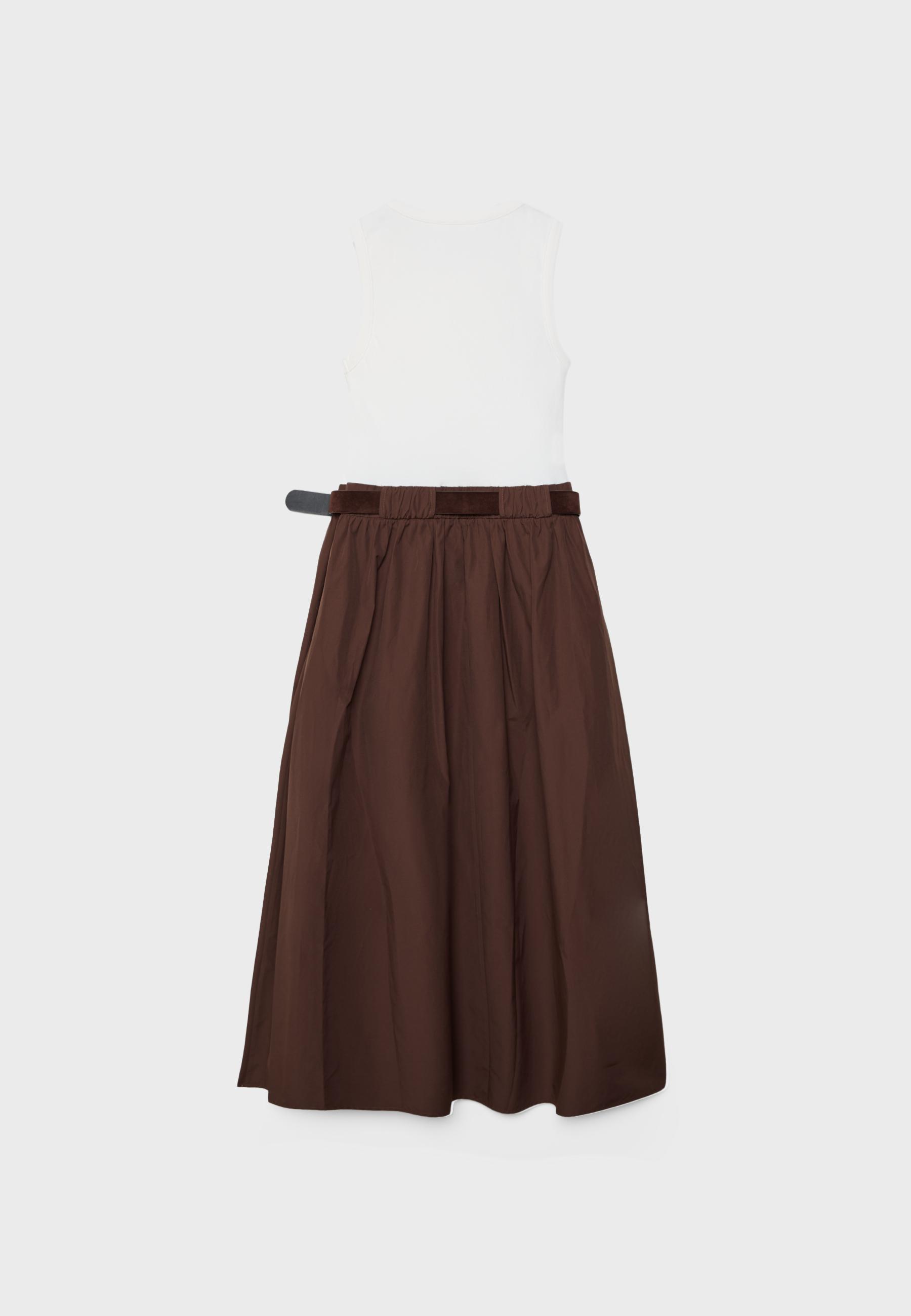 Two-material sleeveless midi dress with belt — Brown