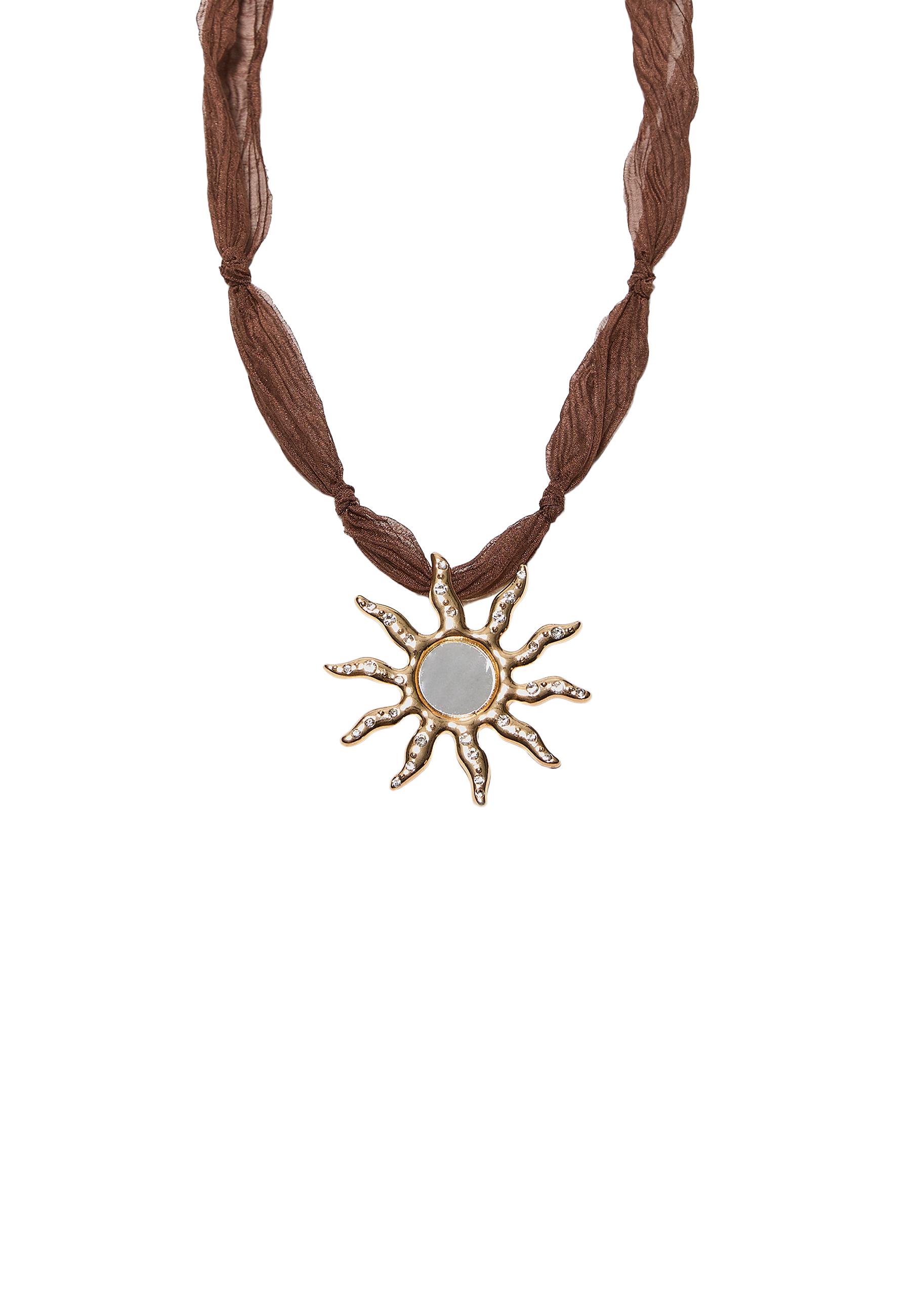 Fabric necklace with mirror-effect sun — Brown