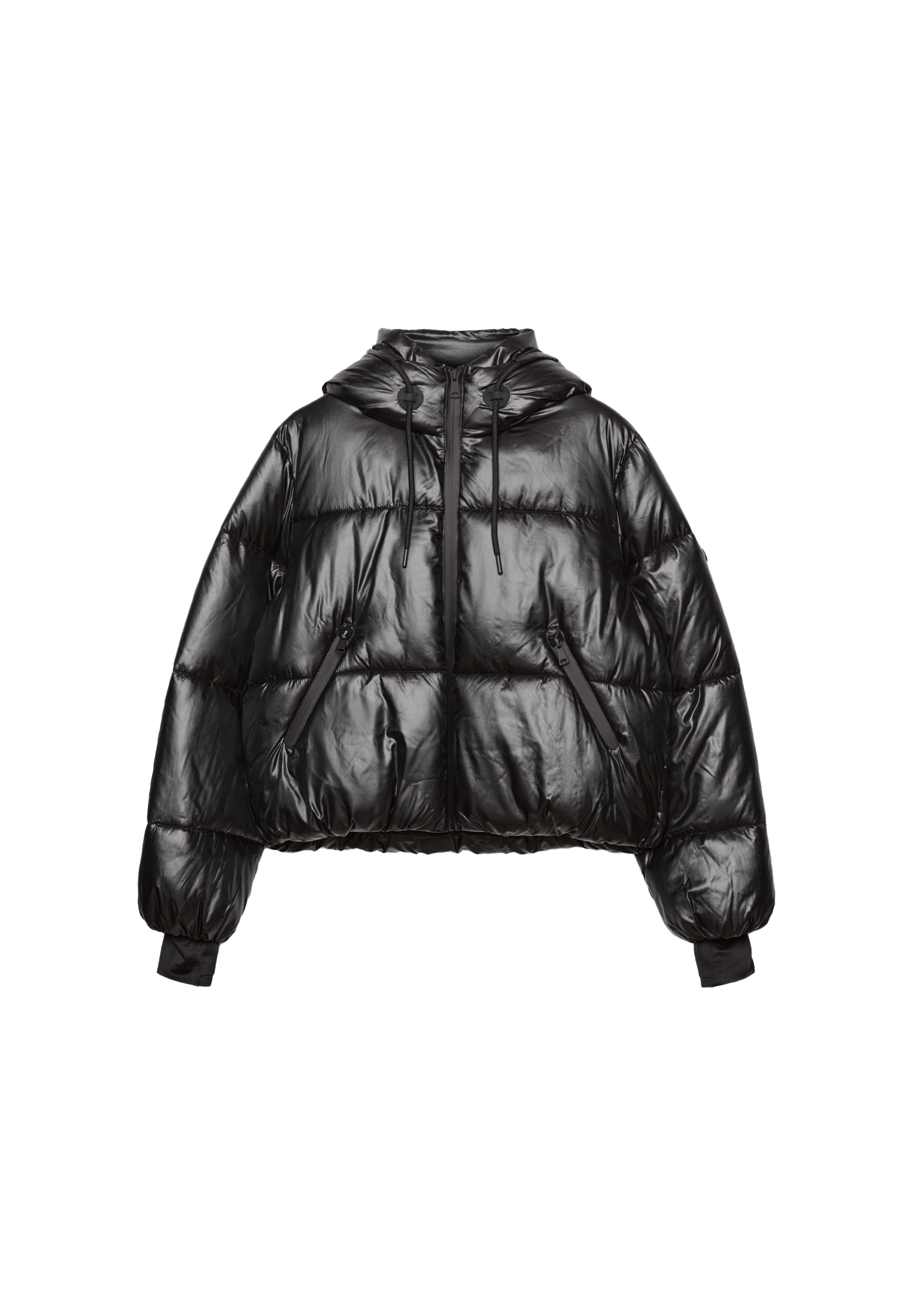 Metallic hooded puffer jacket — Black