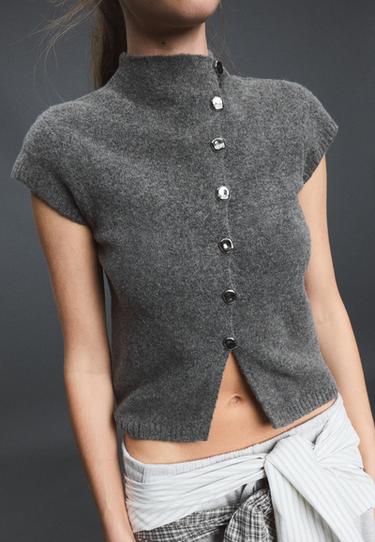 Short sleeve stand collar knit jumper — Dark grey 4
