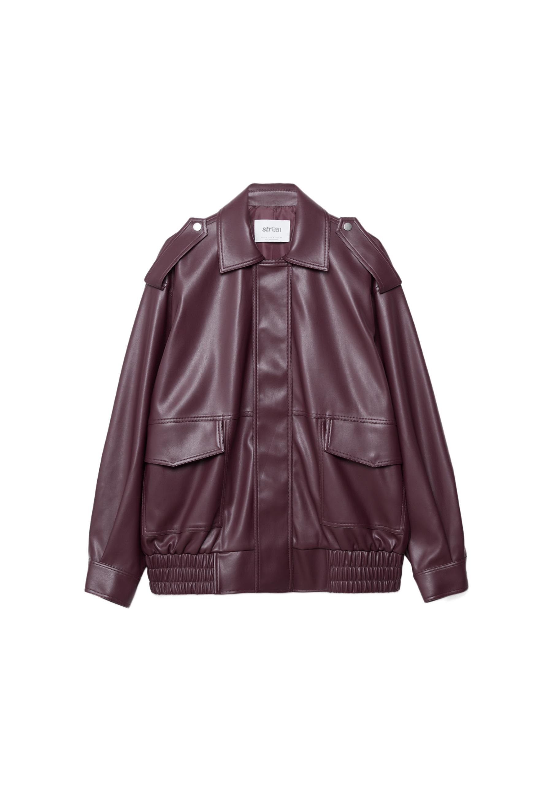 Oversize leather effect biker jacket — Burgundy