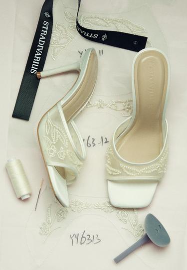 Beaded mesh strap heeled sandals — ECRU 1