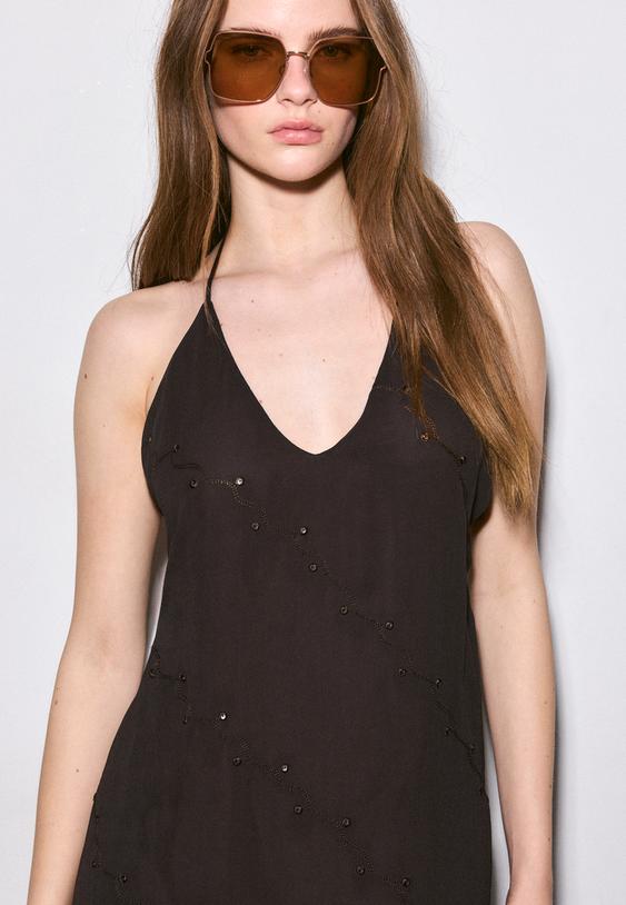 Stradivarius Long Halter Embroidered Dress Brown Xs