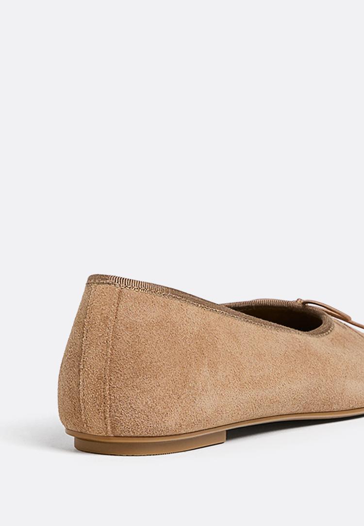 split suede ballet flats with bow
