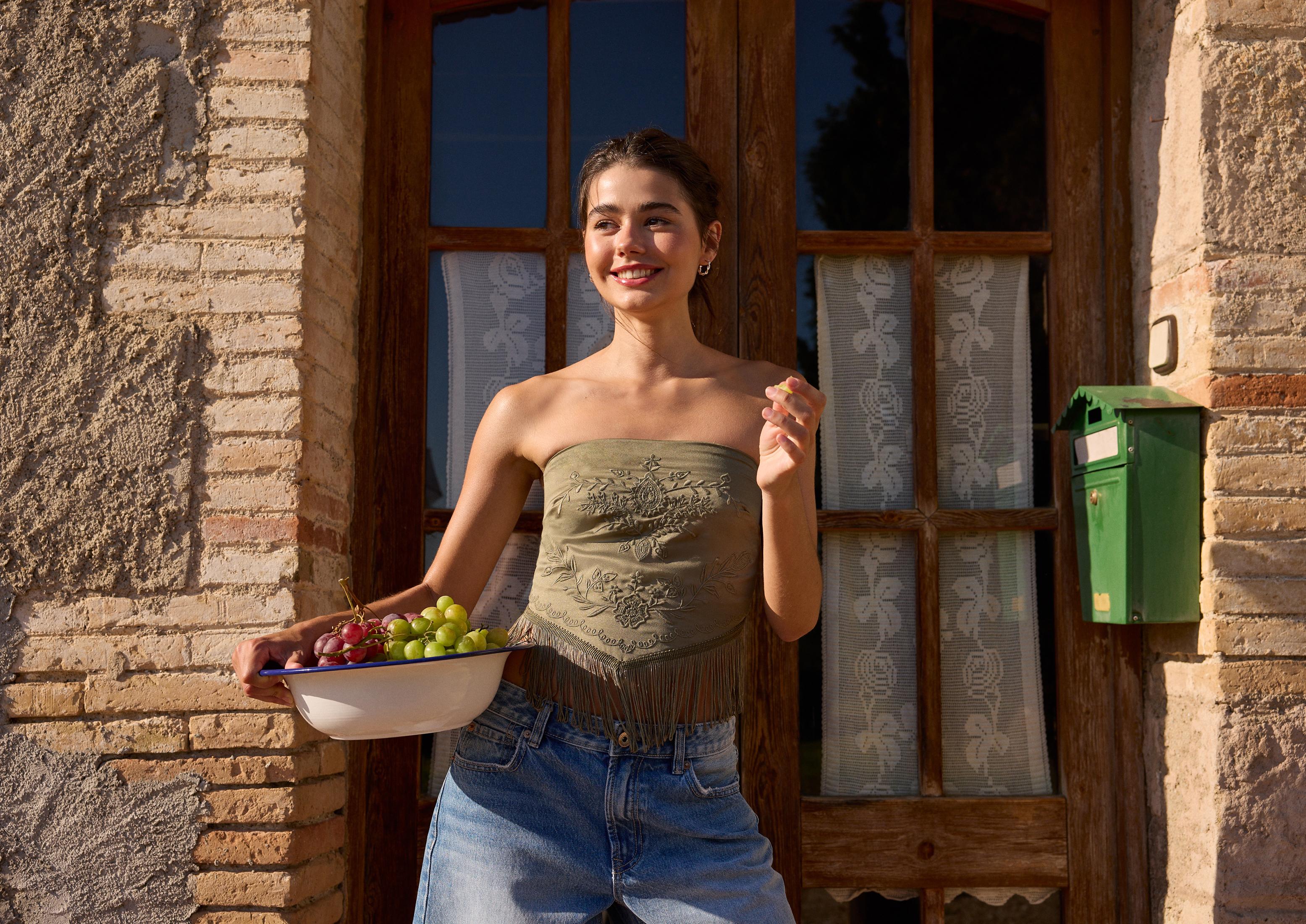 Embroidered fringe bustier top — Khaki