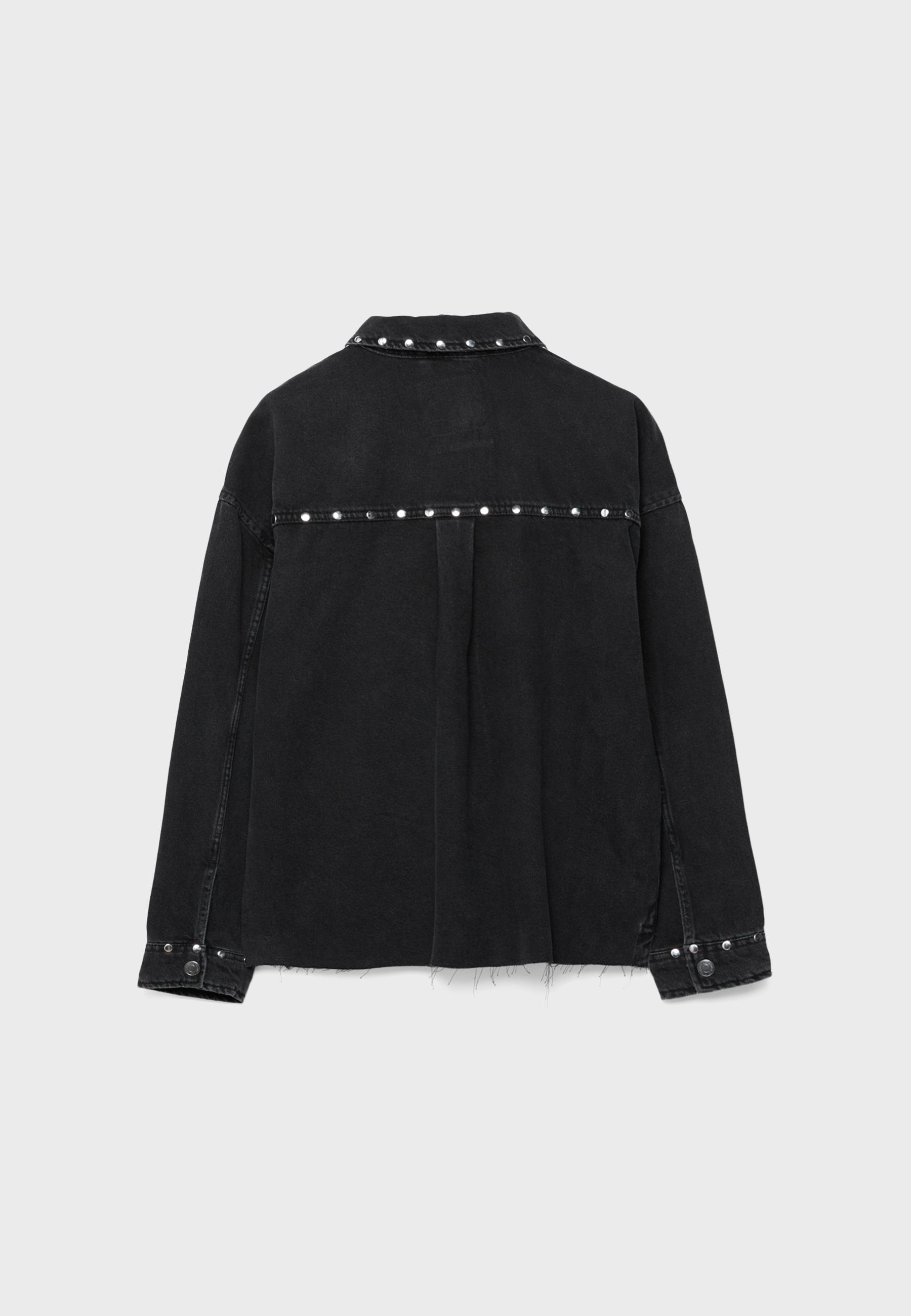 Cropped studded denim overshirt — BLACK DENIM WASH