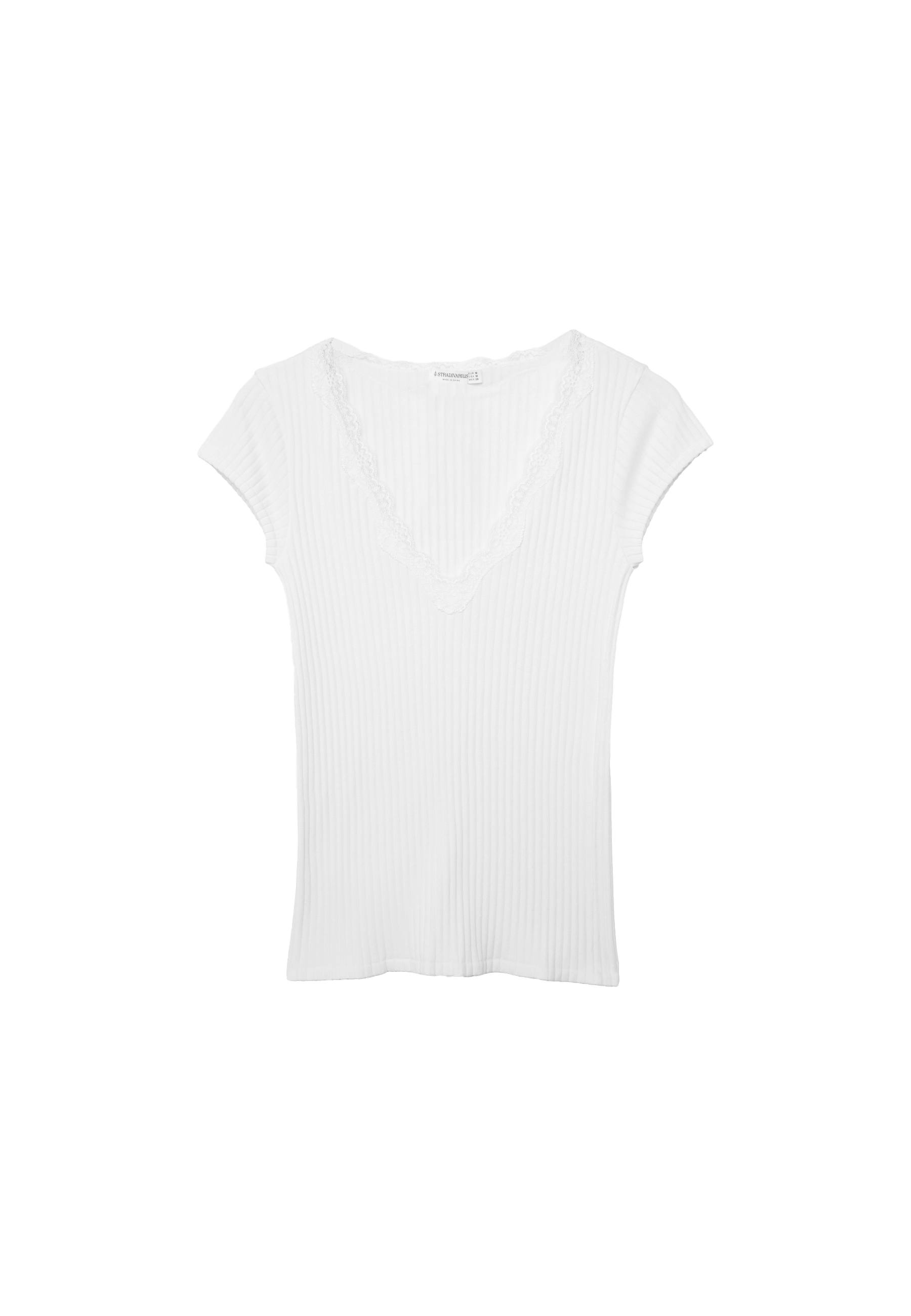 V-neck lace short sleeve T-shirt — Ecru