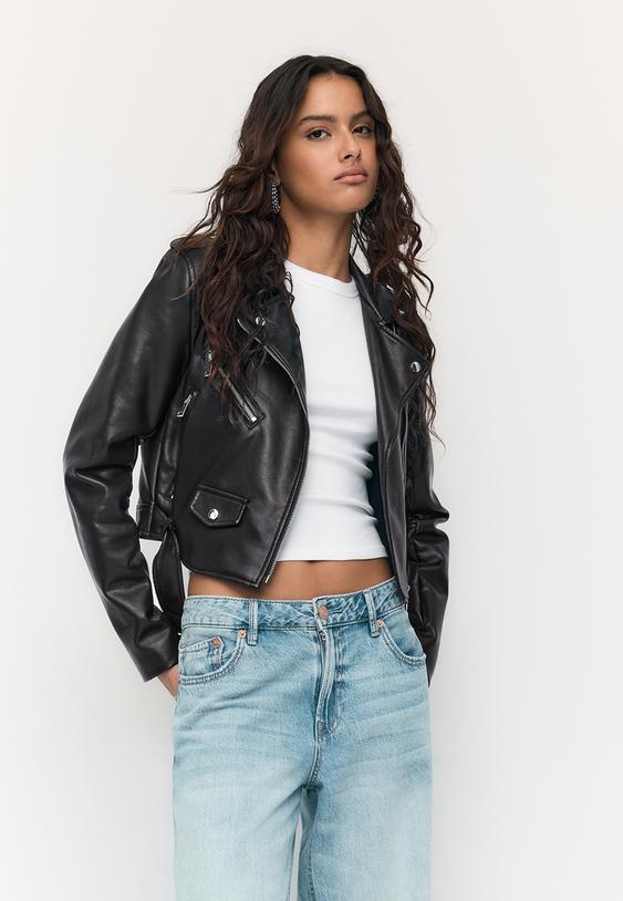 Stradivarius Faux Leather Biker Jacket With Belt Black S