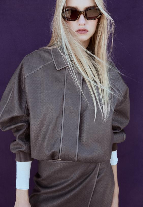 Stradivarius Πλεκτό Bomber Τζάκετ Με Όψη Δέρματος Ανθρακί Xs