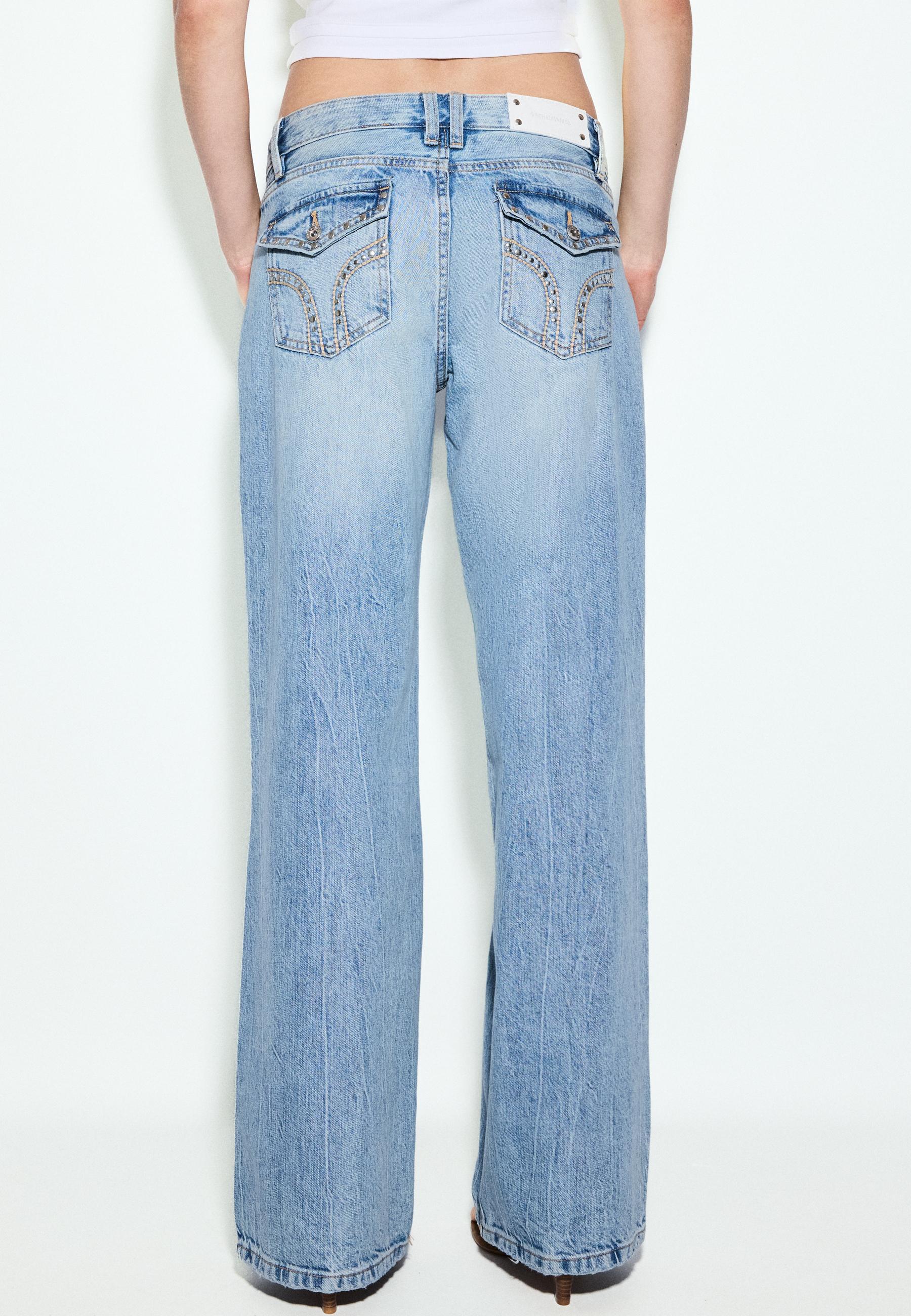 Low-rise straight jeans with studded pockets — OVERDYED BLUE DENIM