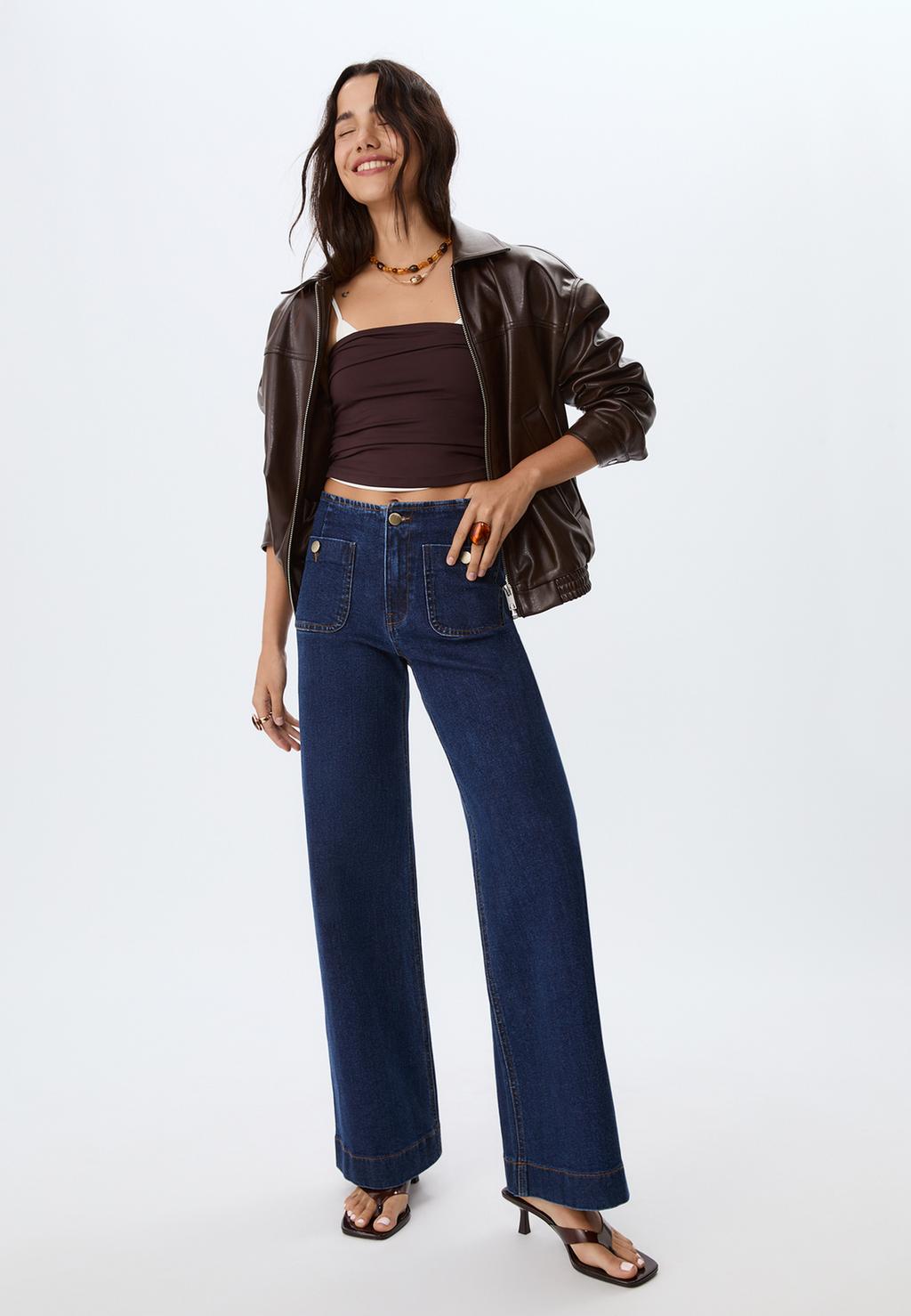 ONLY - Hope - Jeans met hoge taille en wijde pijpen en naad aan de voorkant in donkerblauw ONLY - Hope - Jeans met hoge taille en wijde pijpen en naad aan de voorkant in donkerblauw