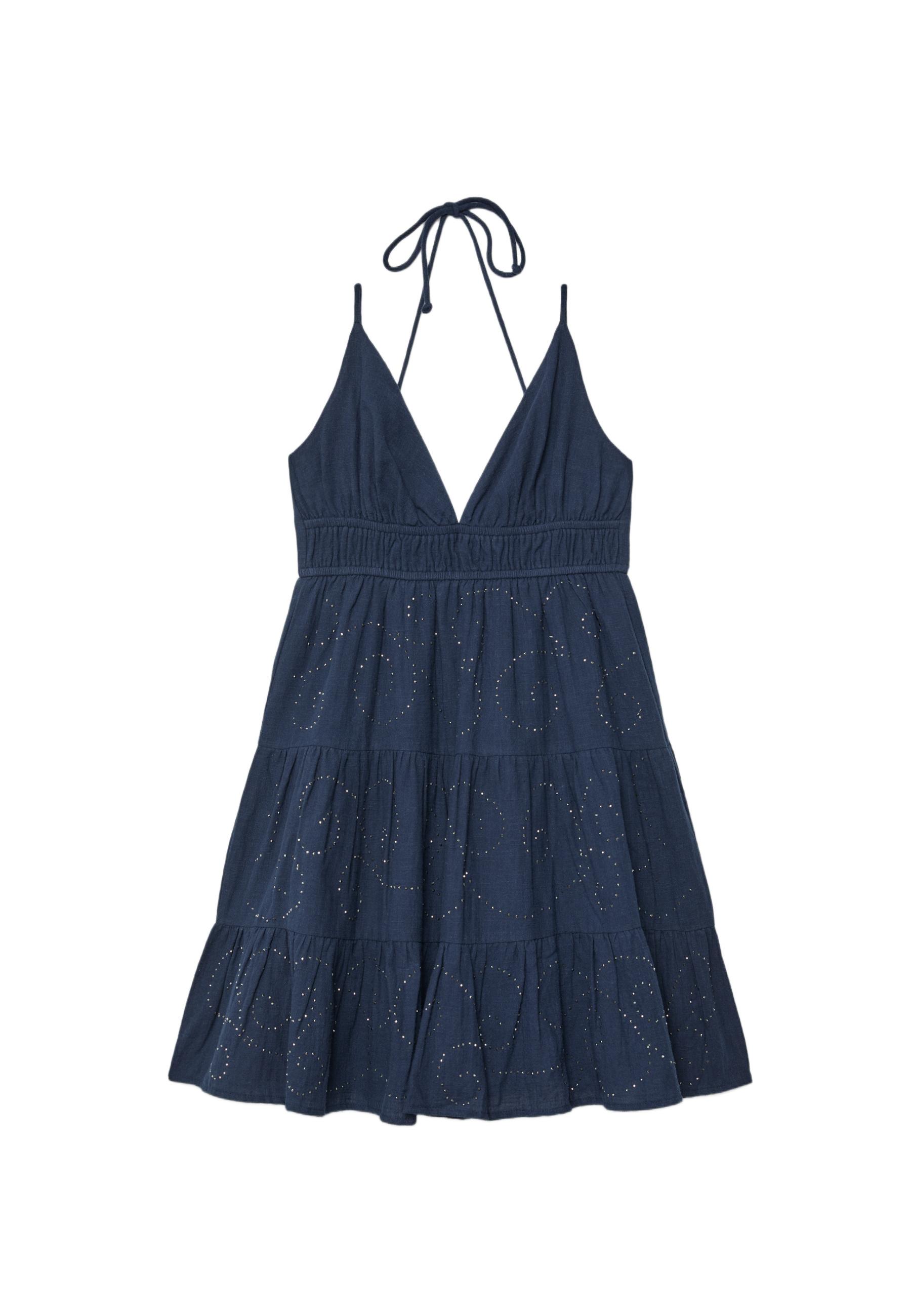 Short dress with shimmery detail and open back — Dark blue