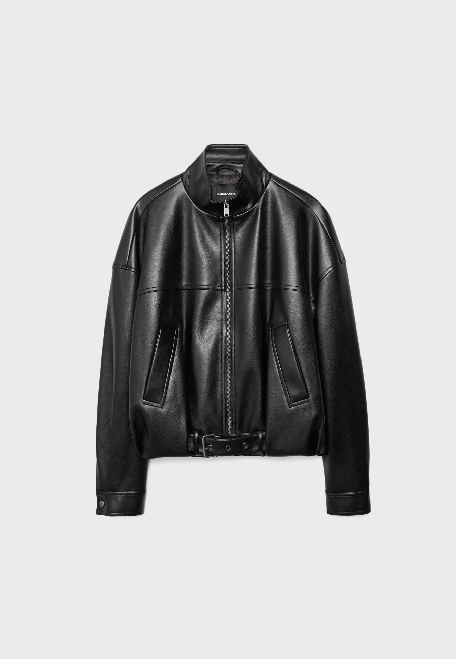 Leather effect balloon jacket with belt - Women's fashion