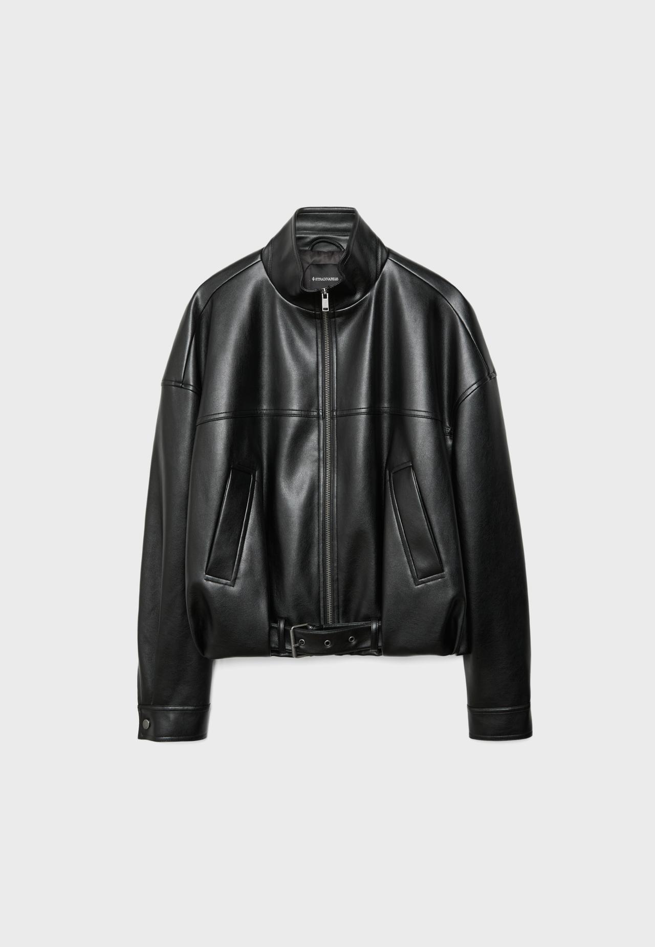 Leather effect belted bomber jacket — Black
