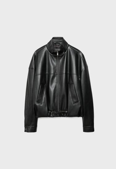 Leather effect belted bomber jacket — Black 7