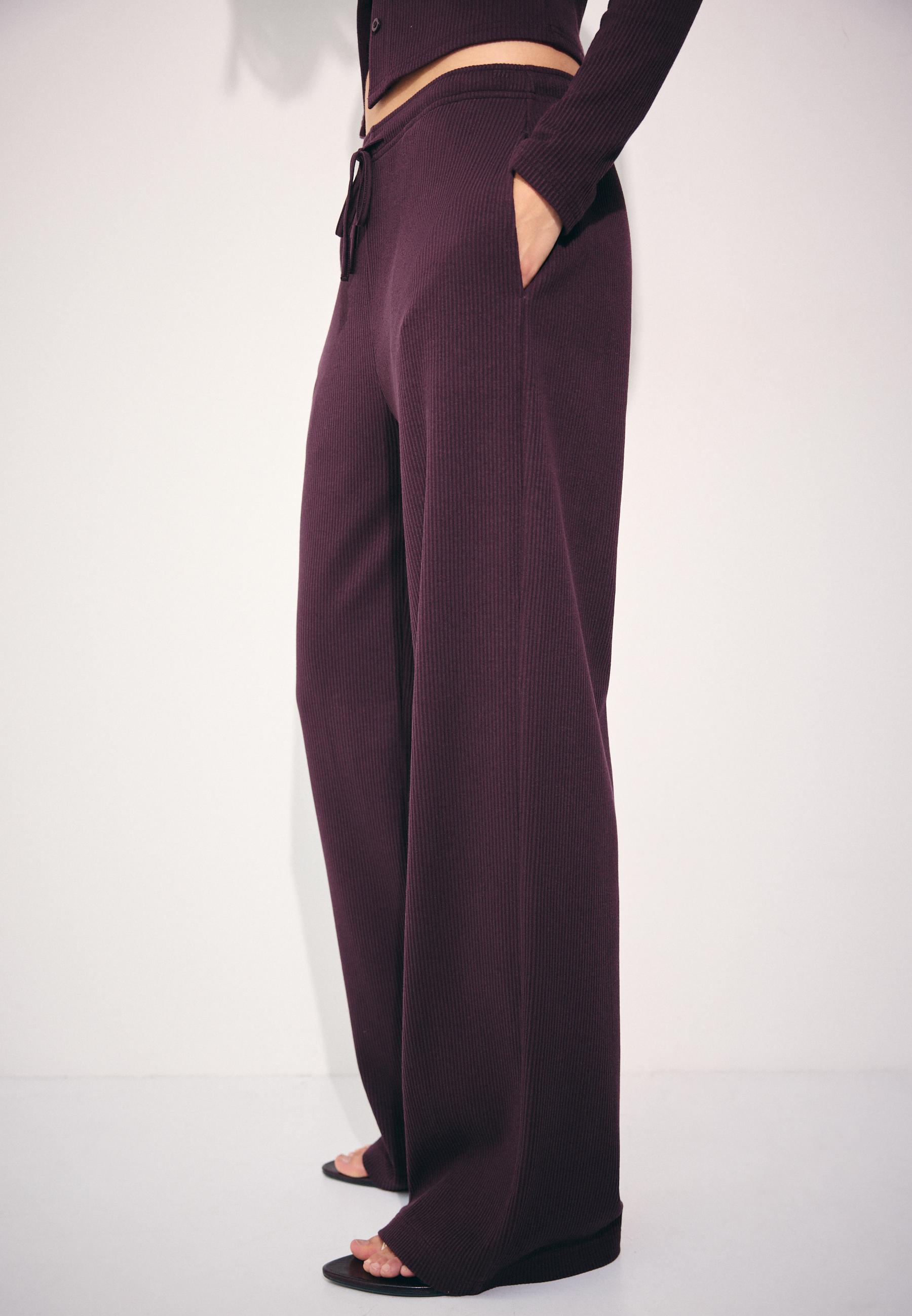 Soft-touch ribbed trousers — AUBERGINE