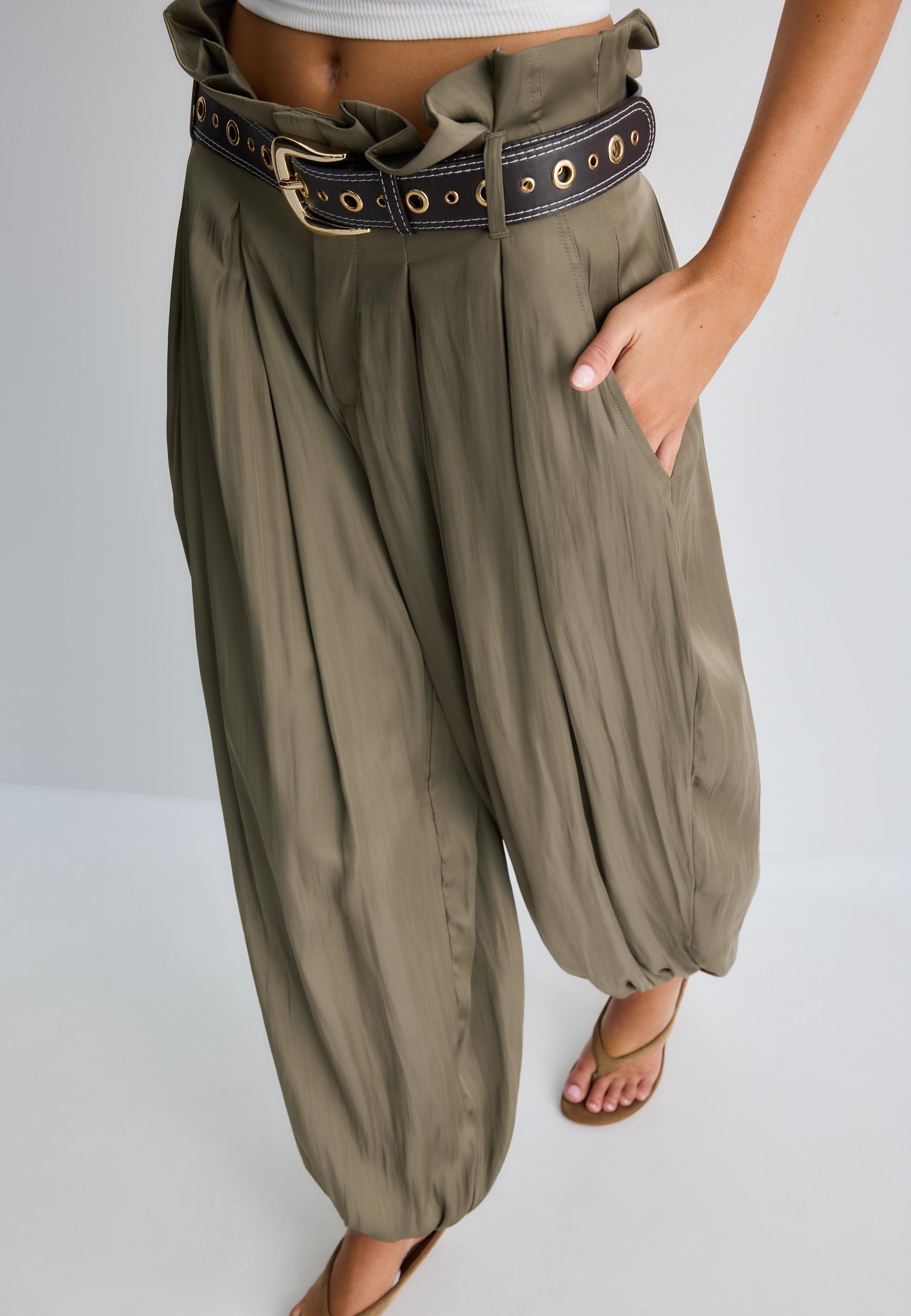 Satin sarouel trousers with belt — Brown