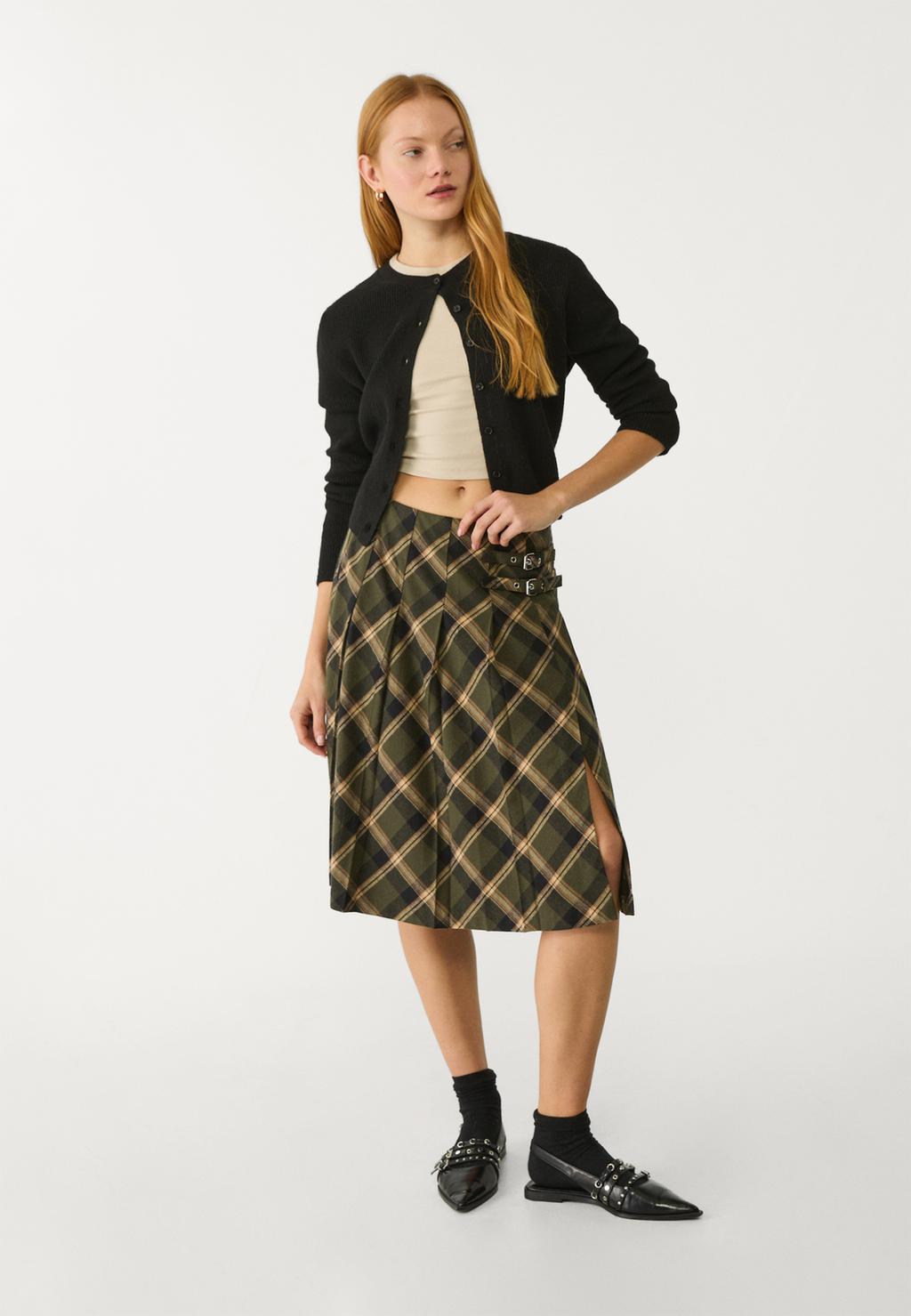 Check midi skirt with buckles