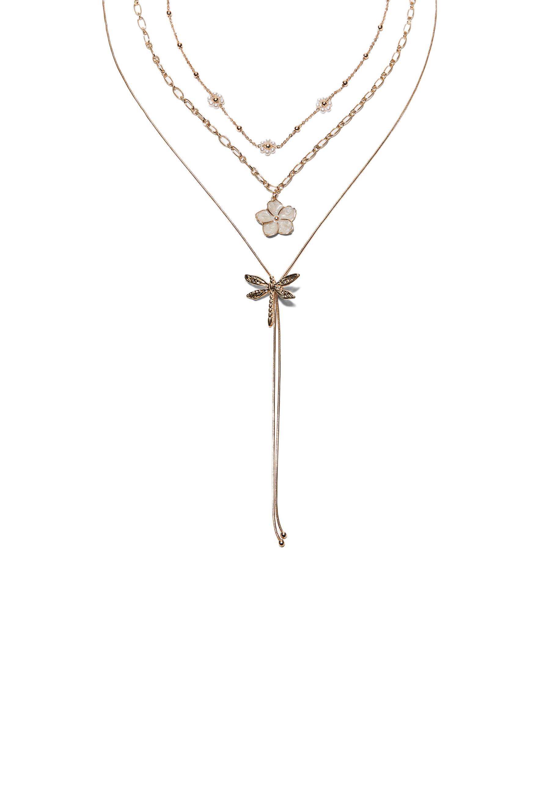 Set of 3 flower and dragonfly necklaces — Gold