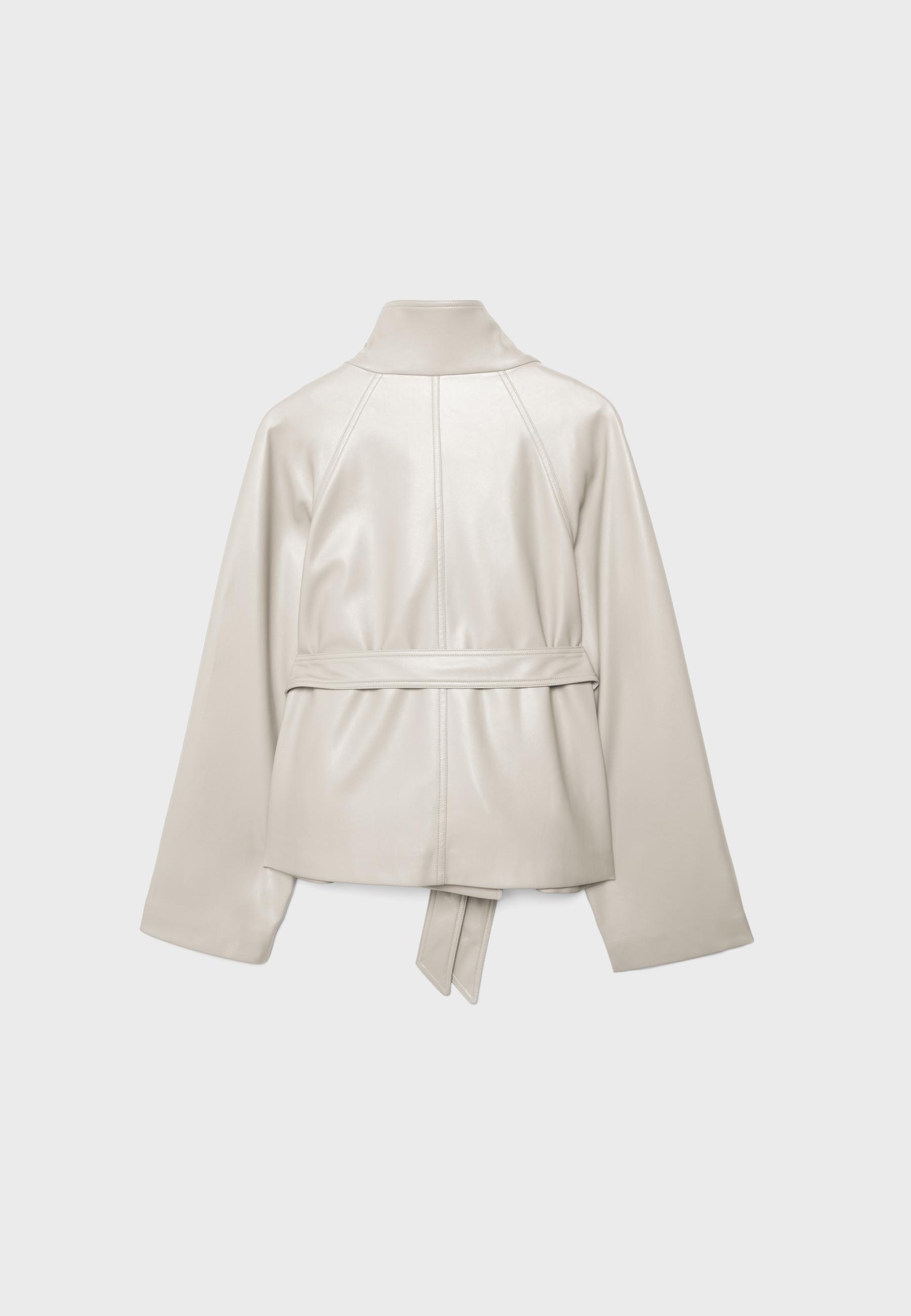High neck leather effect trench coat — Ecru