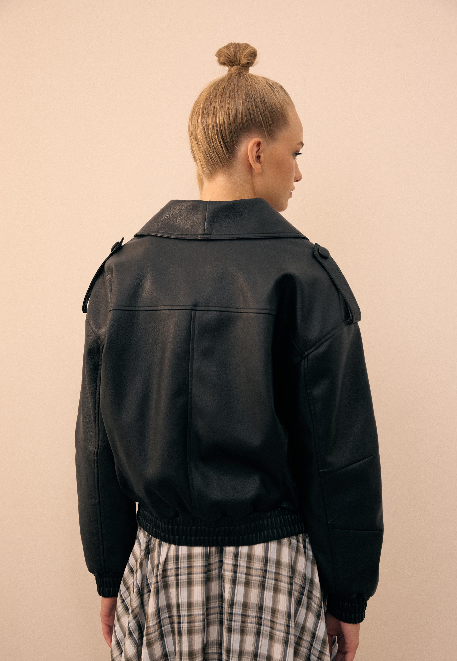 Quilted leather effect boxy jacket — Black