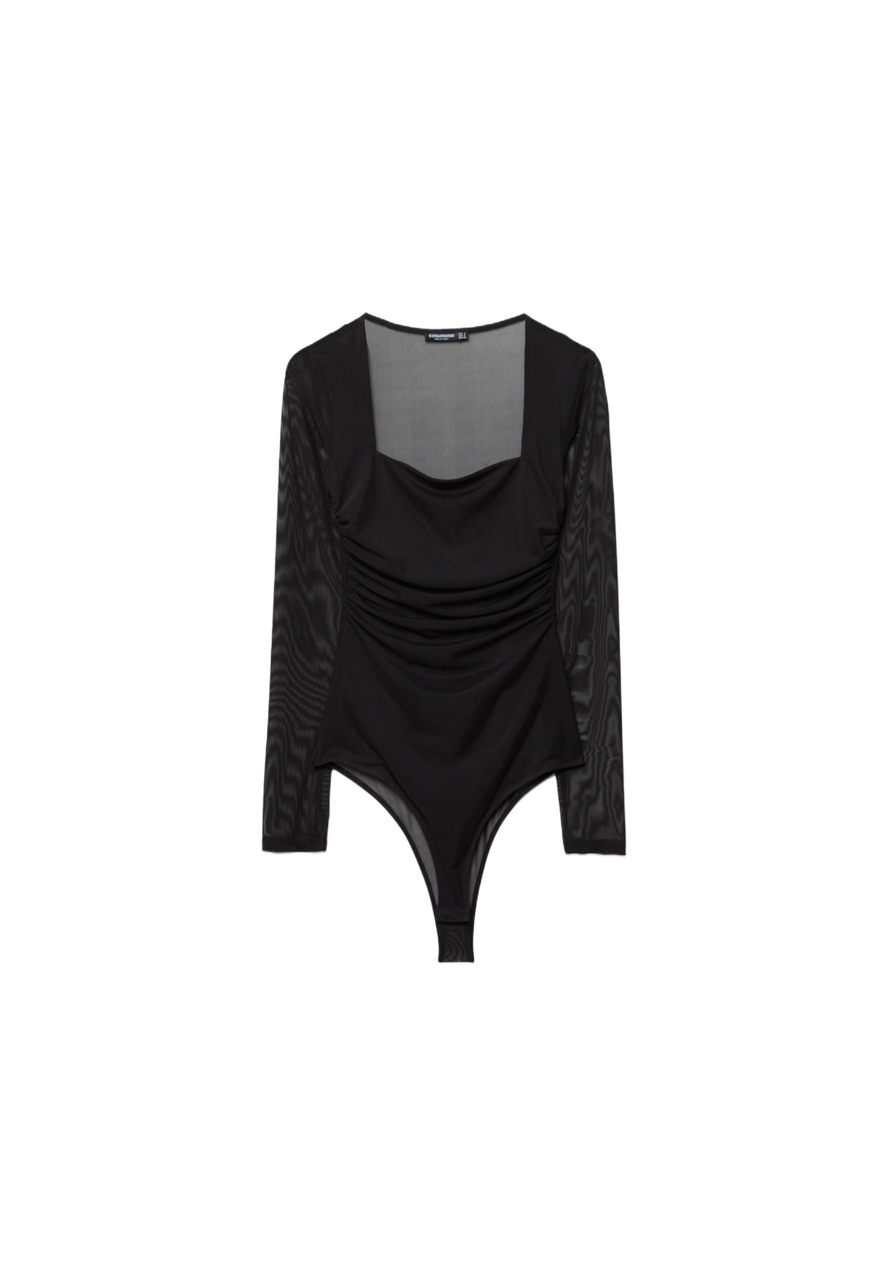 Tulle bodysuit with square neckline — Black
