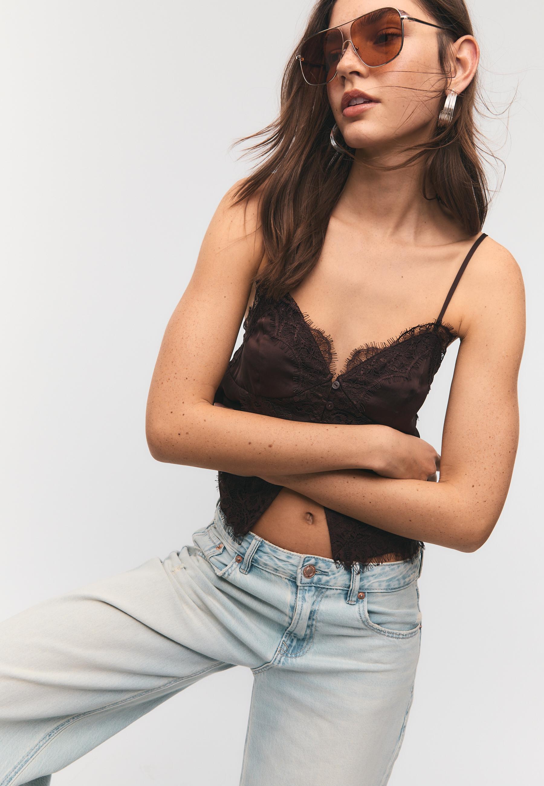 Strappy satin lace top — Brown