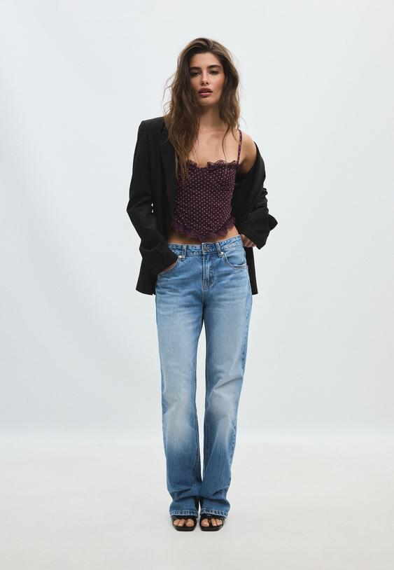 Stradivarius Fitted Floral Print Cropped Top Purple M