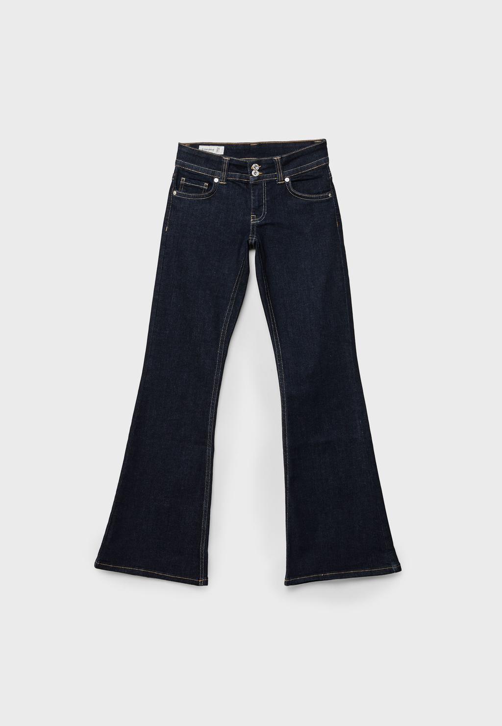 Low-rise bell bottom jeans with two metal buttons
