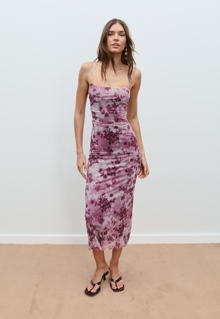 vestido midi tul estampado