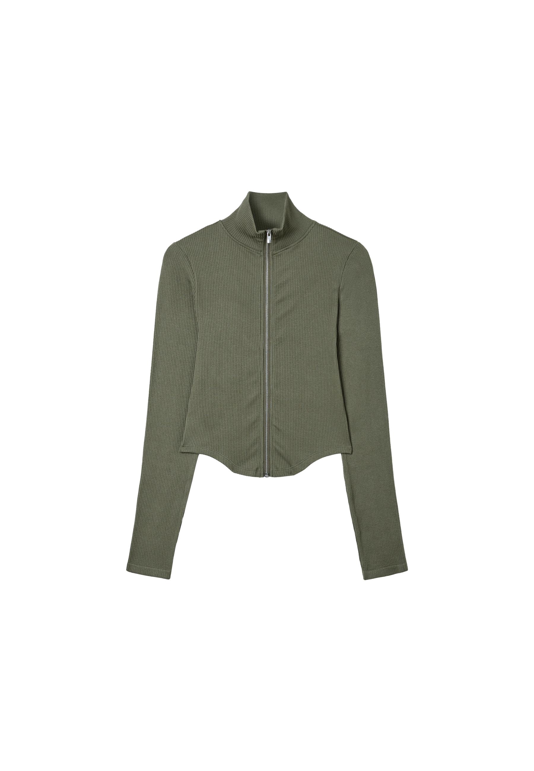 Fitted zip-up T-shirt — Khaki