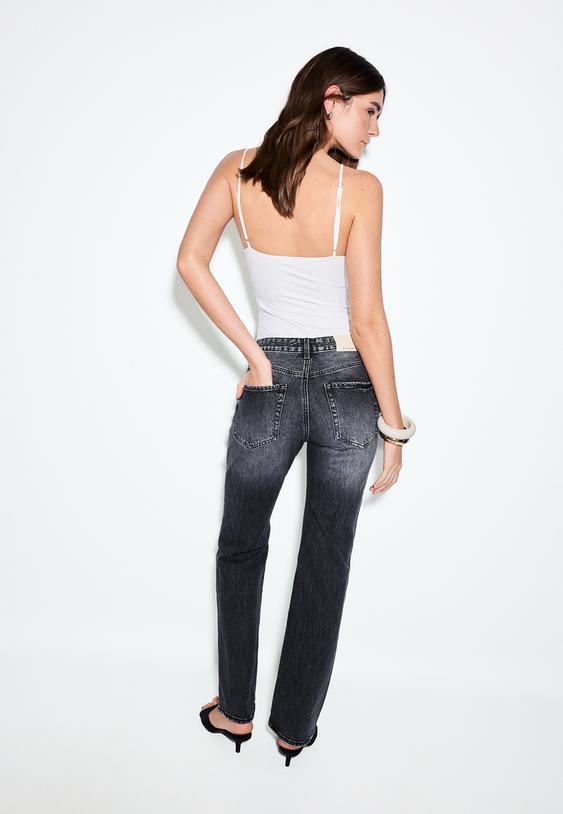 Stradivarius D98 Straight-Leg Jeans Black Denim Washed Effect 14