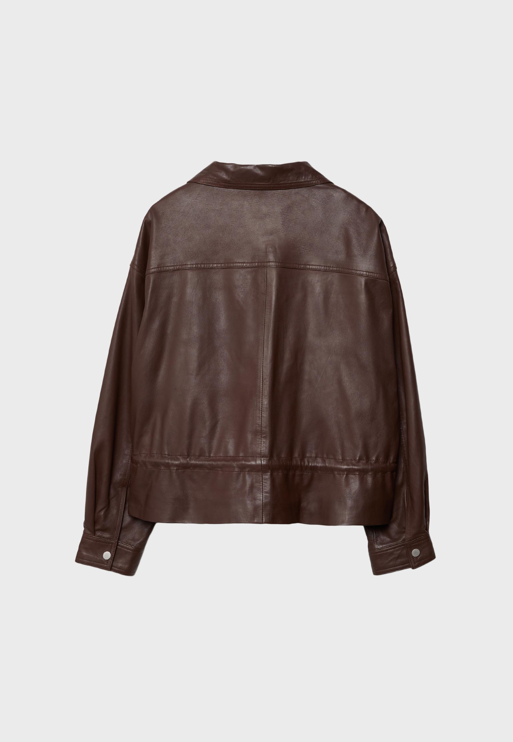 Leather jacket with pockets and adjustable waist — Brown