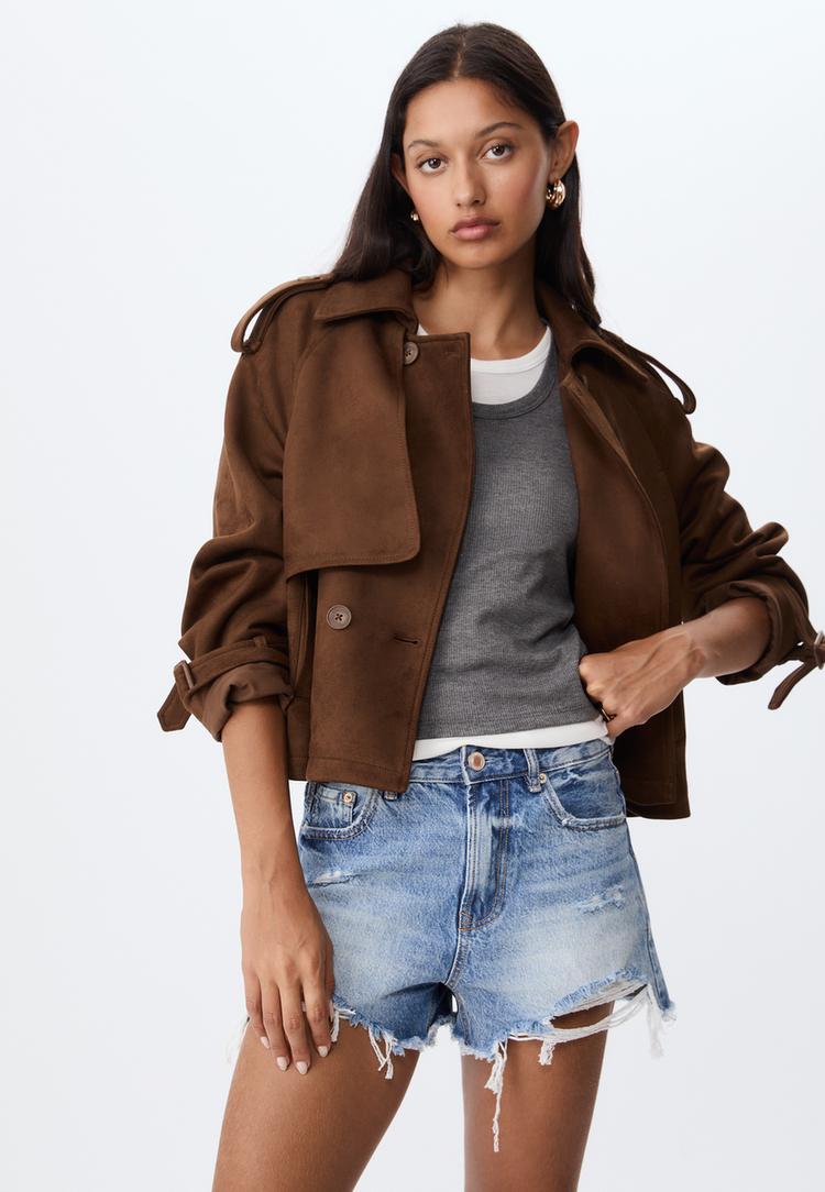 short faux suede trench coat