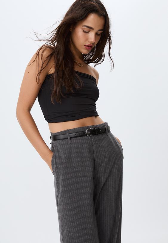 Stradivarius Soepelvallende Rechte Broek Met Ceintuur Grijs Melange 32