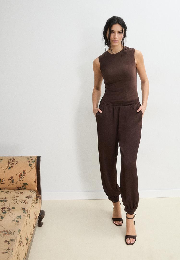 Stradivarius Σατινέ Ολόσωμη Φόρμα Με Λαιμόκοψη Halter Καφέ Xl