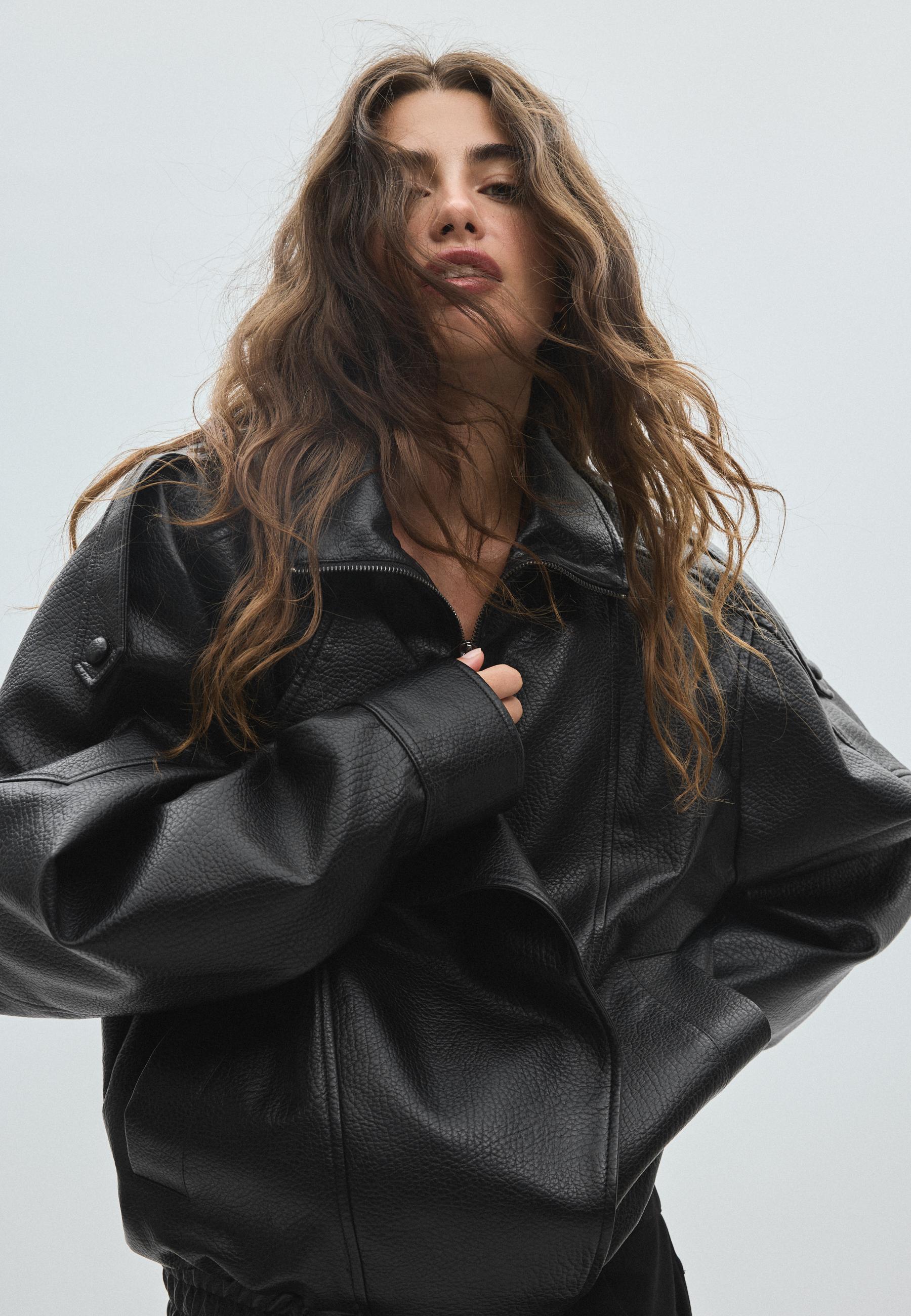 Oversize leather effect biker jacket — Black