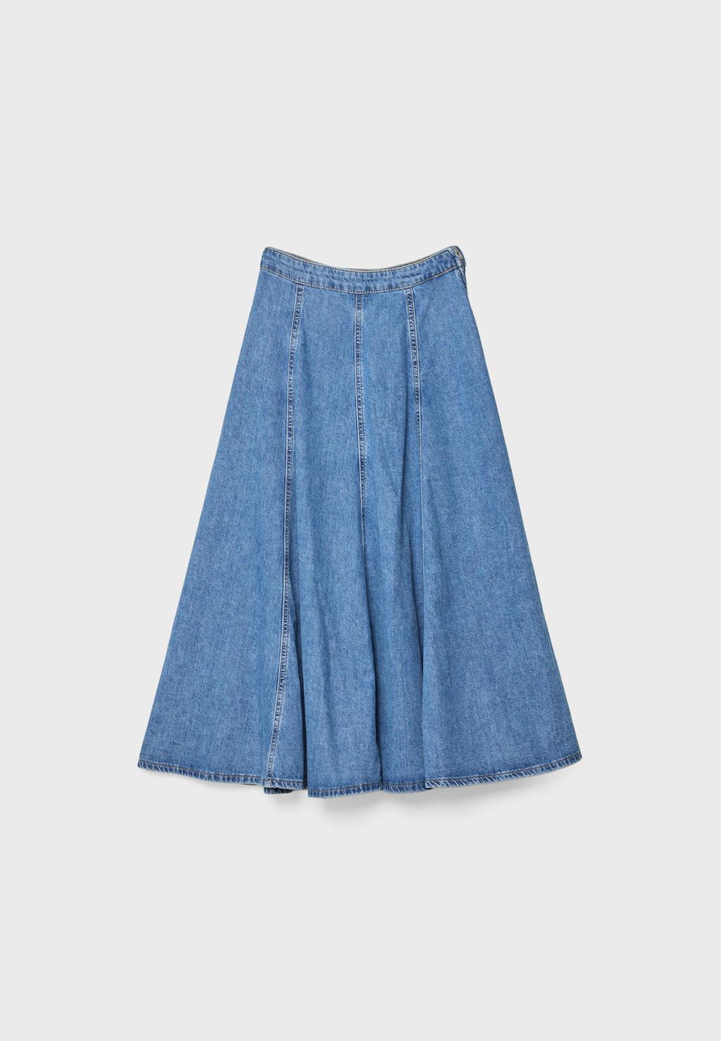 Layered denim midi skirt