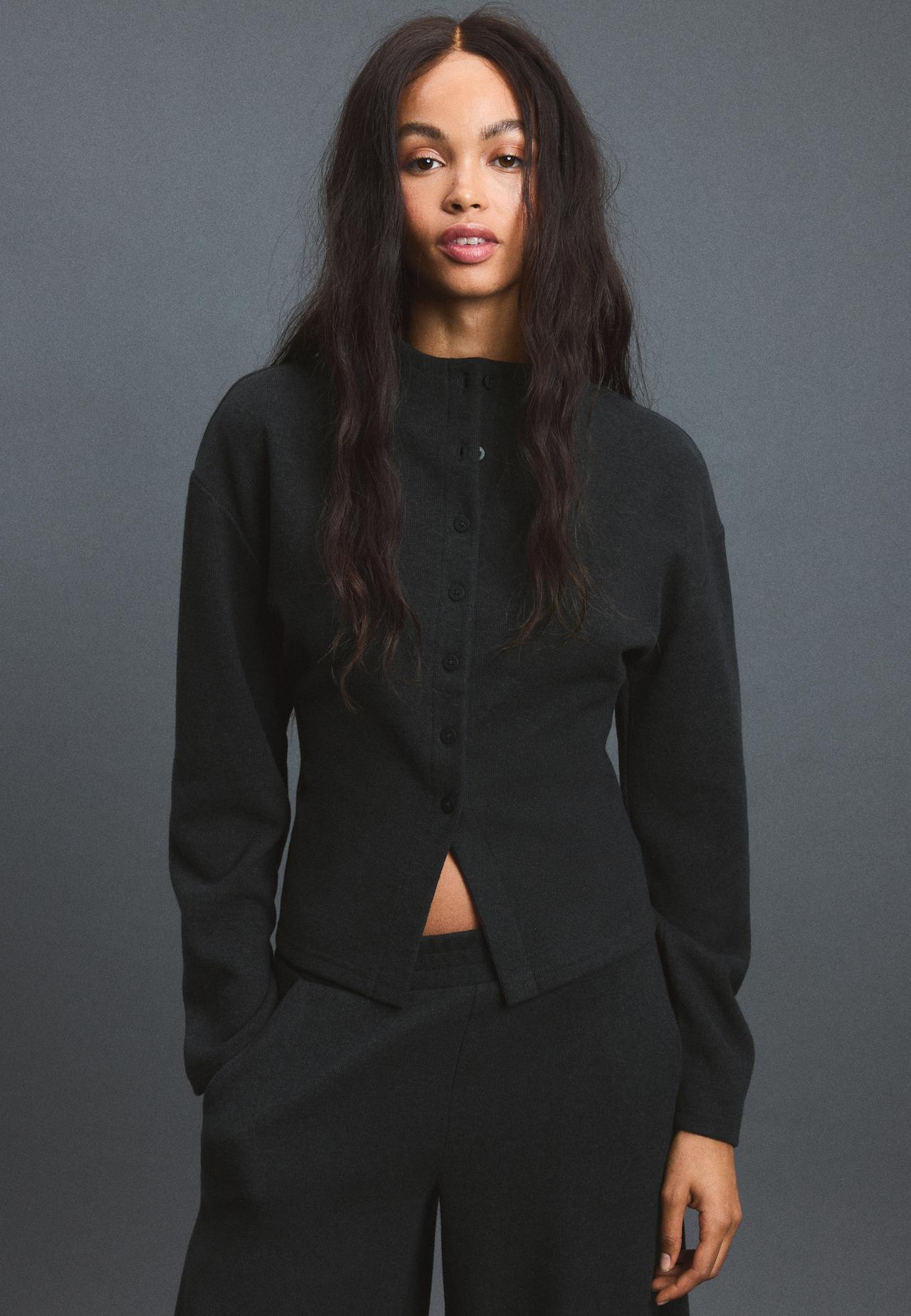 Stand collar knit cardigan — Dark grey