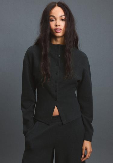 Stand collar knit cardigan — Dark grey 1