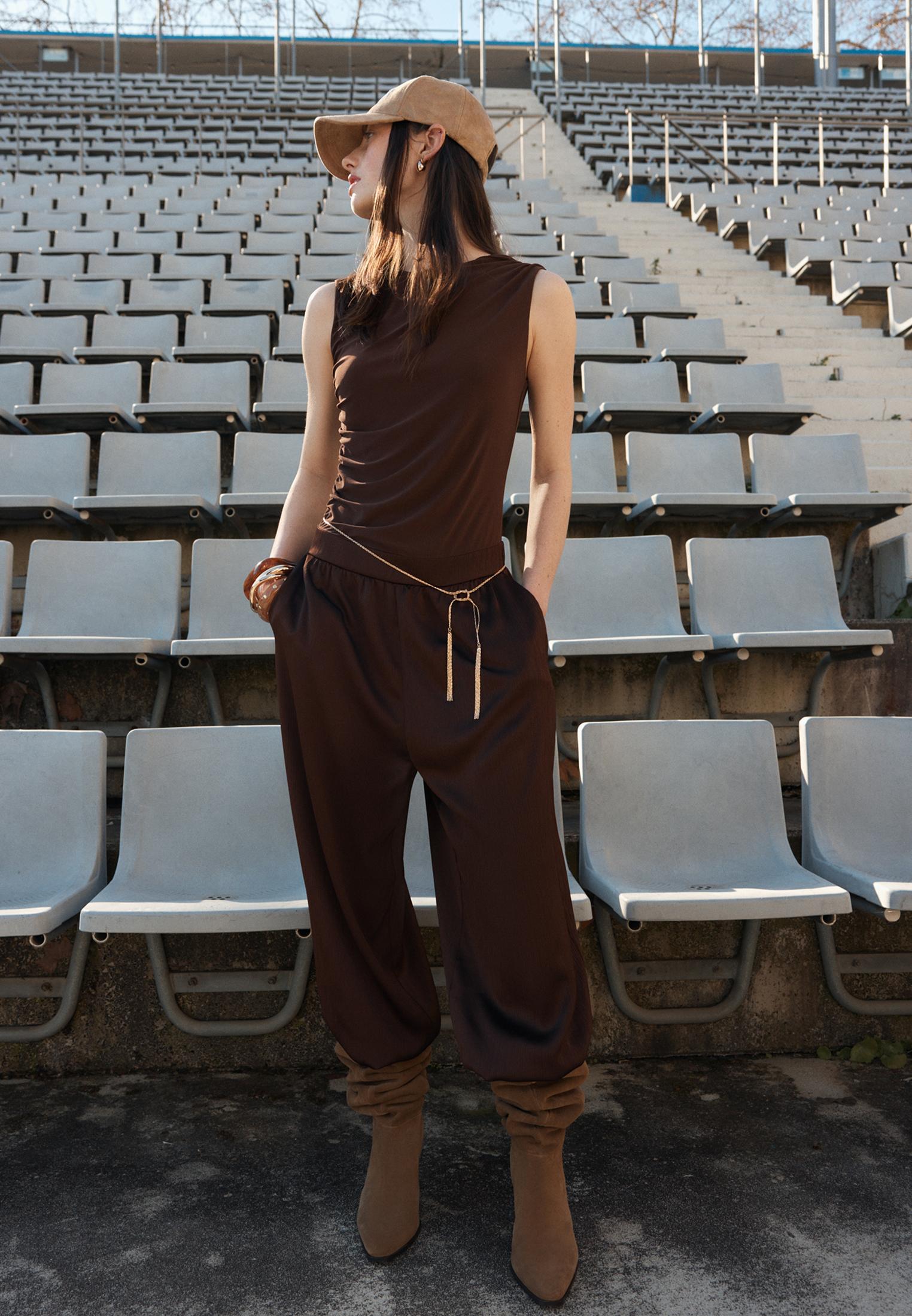 Satin halter jumpsuit — Brown