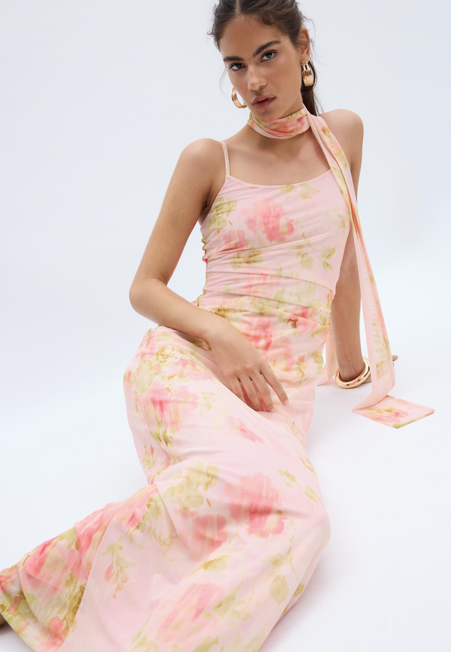 Printed tulle midi dress with scarf — Pastel pink