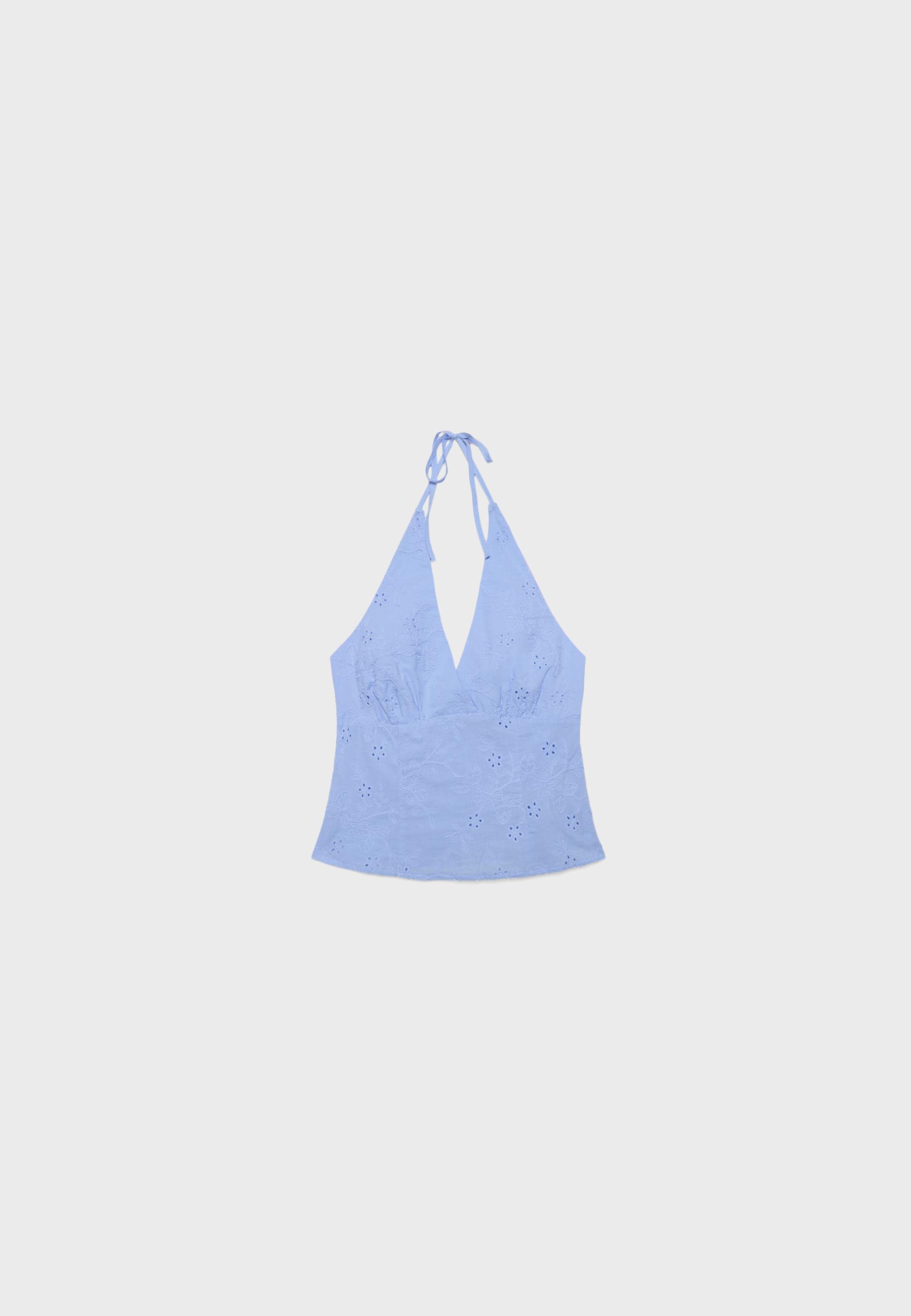 Embroidered halter top — Blue