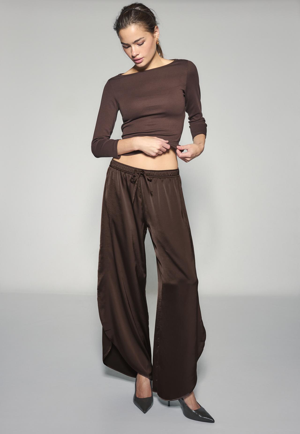 Satin trousers with split — Brown